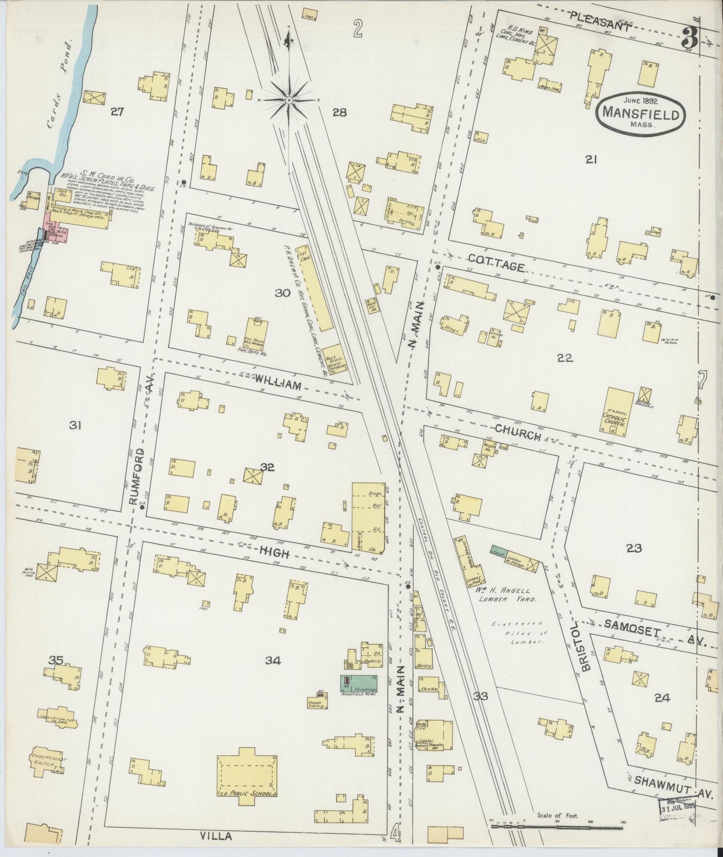 Sanborn Fire Insurance Map from Mansfield, Bristol County, Massachusetts (1892), Sheet #0003 - Historic Sanborn Fire Insurance Map Print, vintage old map wall art, antique decor, genealogy gift, Massachusetts Massachusetts map