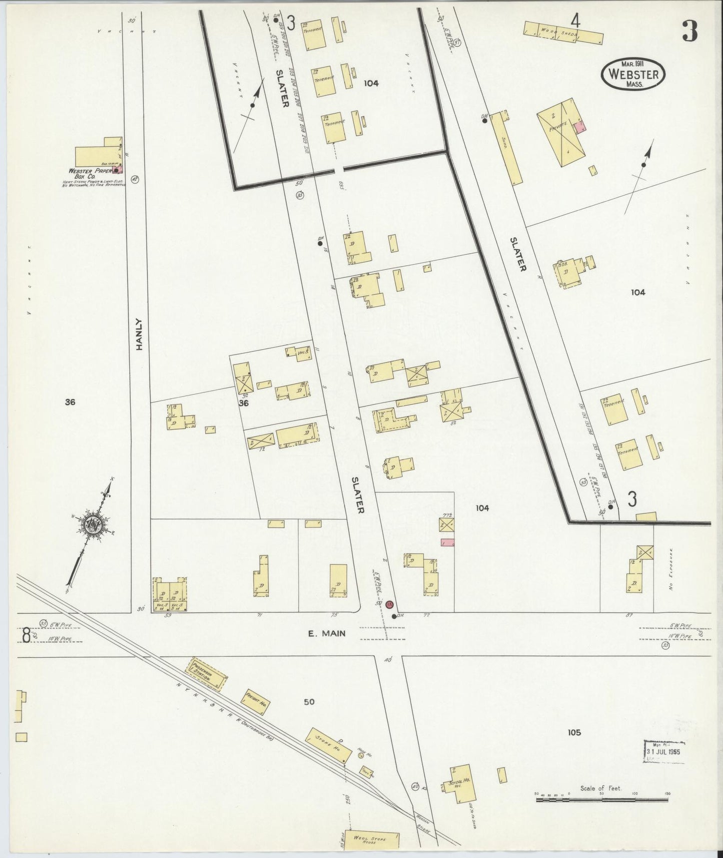 Sanborn Fire Insurance Map from Webster, Worcester County, Massachusetts (1911), Sheet #0003 - Historic Sanborn Fire Insurance Map Print, vintage old map wall art, antique decor, genealogy gift, Massachusetts Massachusetts map