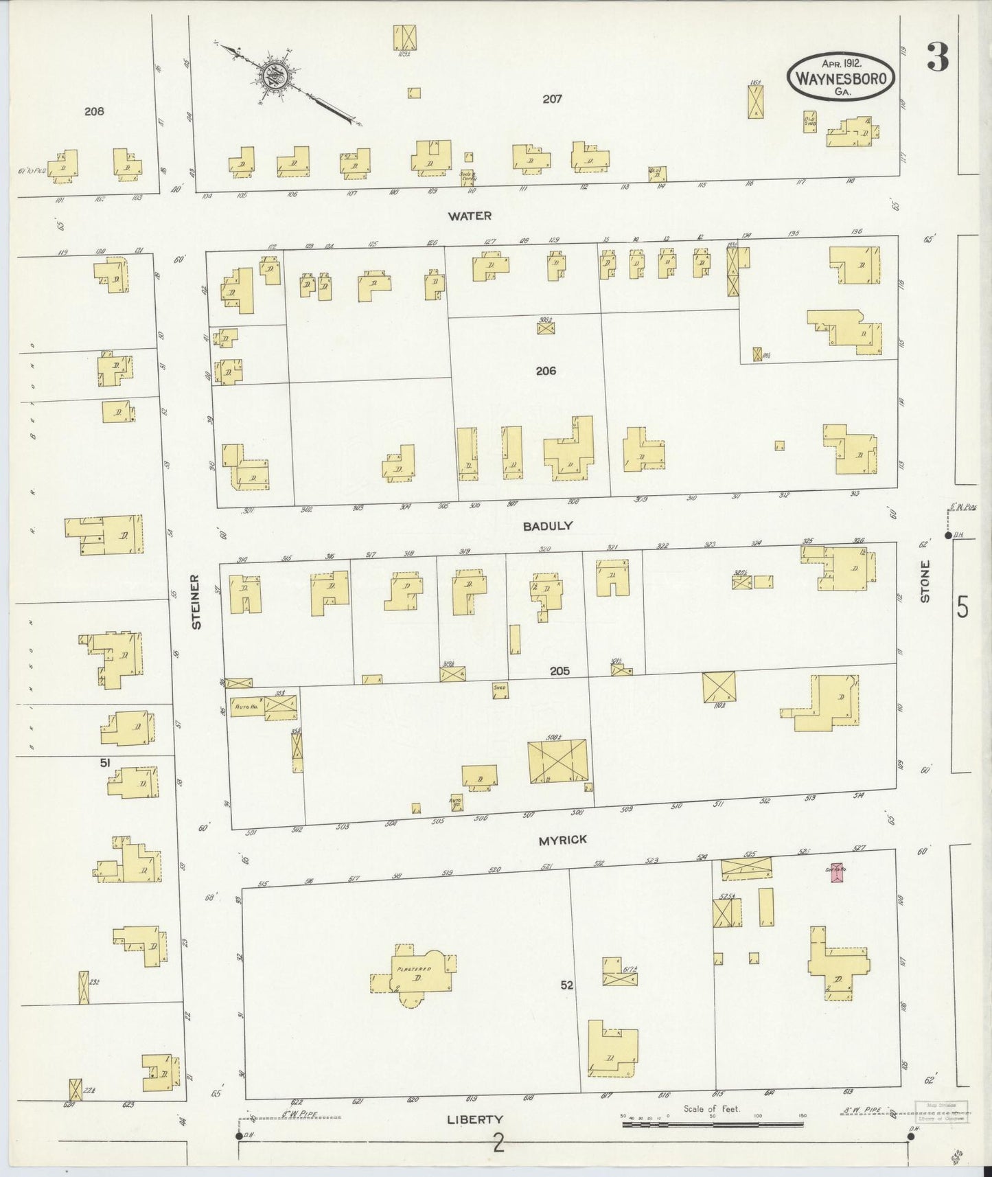 Sanborn Fire Insurance Map from Waynesboro, Burke County, Georgia (1912), Sheet #0003 - Historic Sanborn Fire Insurance Map Print, vintage old map wall art, antique decor, genealogy gift, Georgia Georgia map