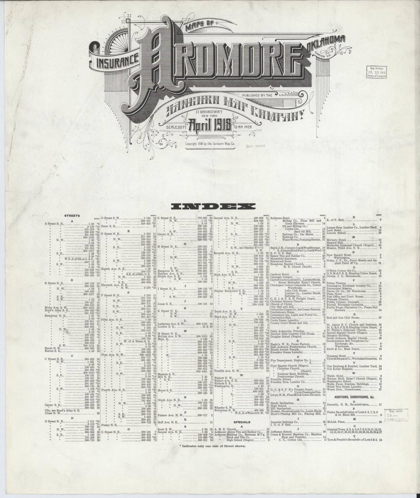 Sanborn Fire Insurance Map from Ardmore, Carter County, Oklahoma (1918), Sheet #0001 - Historic Sanborn Fire Insurance Map Print, vintage old map wall art, antique decor, genealogy gift, Oklahoma Oklahoma map