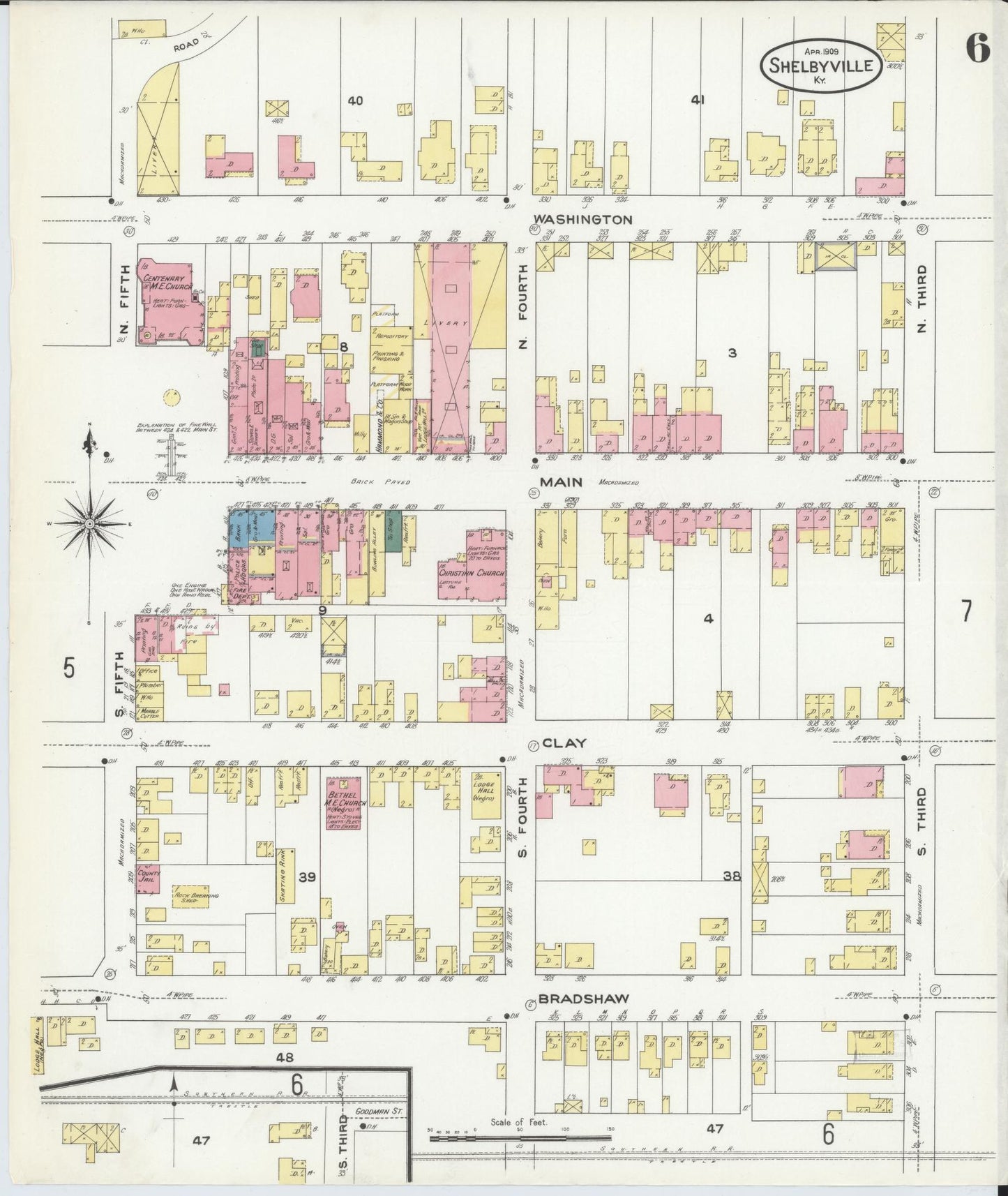 Sanborn Fire Insurance Map from Shelbyville, Shelby County, Kentucky (1909), Sheet #0006 - Historic Sanborn Fire Insurance Map Print, vintage old map wall art, antique decor, genealogy gift, Kentucky Kentucky map