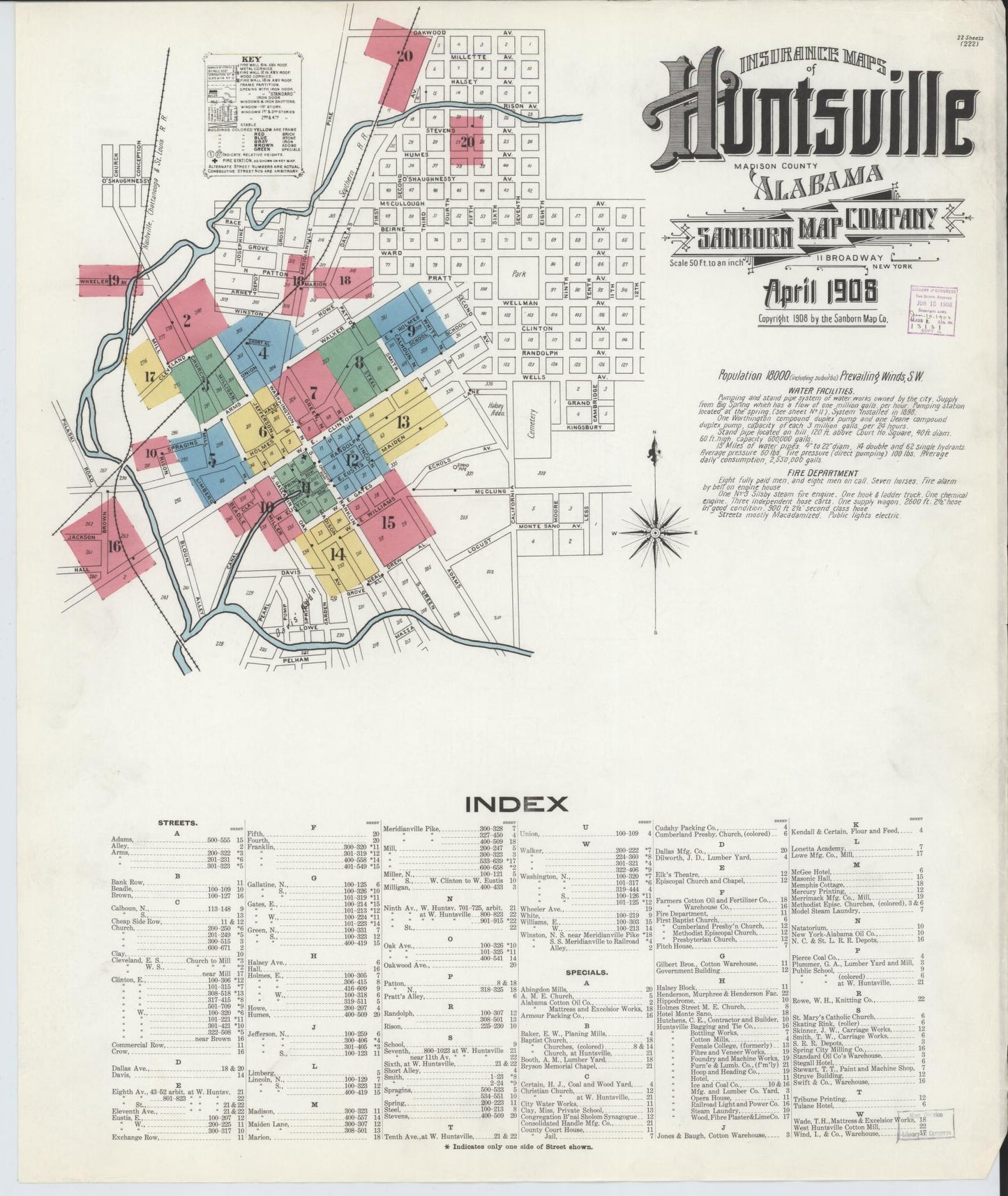 Sanborn Fire Insurance Map from Huntsville, Madison County, Alabama (1908), Sheet #0001 - Historic Sanborn Fire Insurance Map Print, vintage old map wall art, antique decor, genealogy gift, Alabama Alabama map