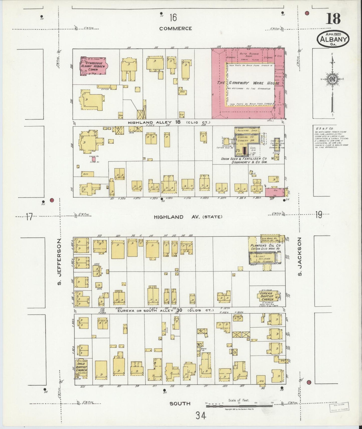 Sanborn Fire Insurance Map from Albany, Dougherty County, Georgia (1920), Sheet #0018 - Historic Sanborn Fire Insurance Map Print, vintage old map wall art, antique decor, genealogy gift, Georgia Georgia map