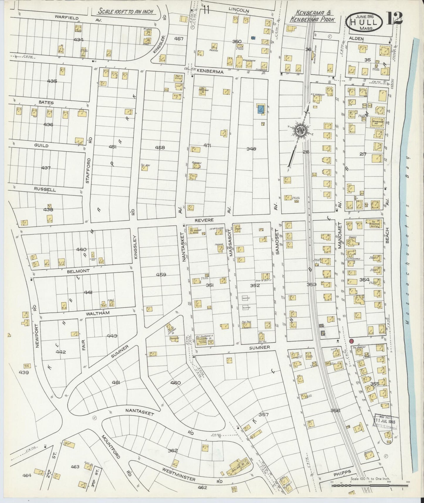 Sanborn Fire Insurance Map from Hull, Plymouth County, Massachusetts (1916), Sheet #0012 - Historic Sanborn Fire Insurance Map Print, vintage old map wall art, antique decor, genealogy gift, Massachusetts Massachusetts map