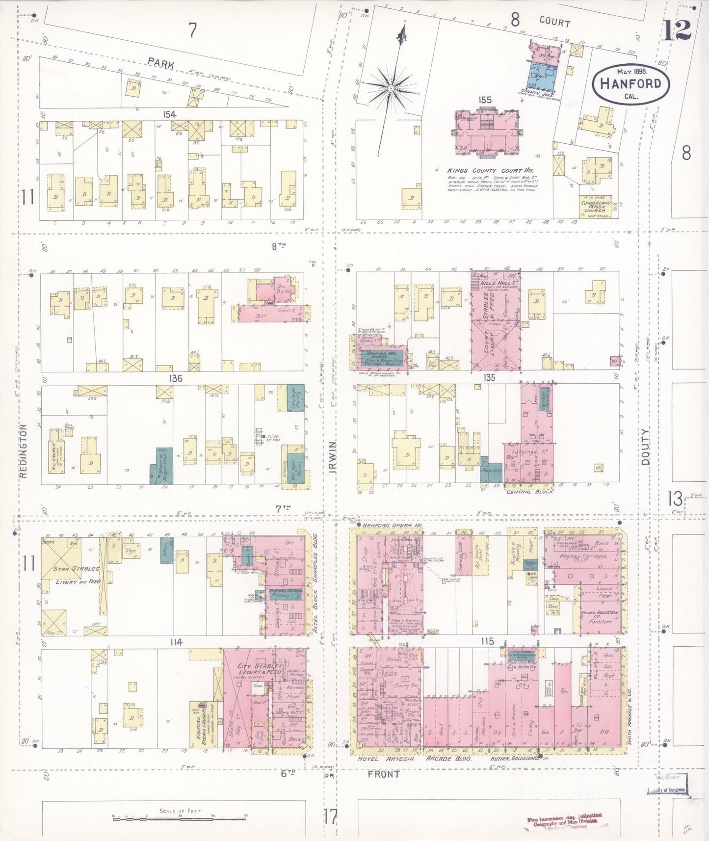 Sanborn Fire Insurance Map from Hanford, Kings County, California (1898), Sheet #0012 - Historic Sanborn Fire Insurance Map Print, vintage old map wall art, antique decor, genealogy gift, California California map