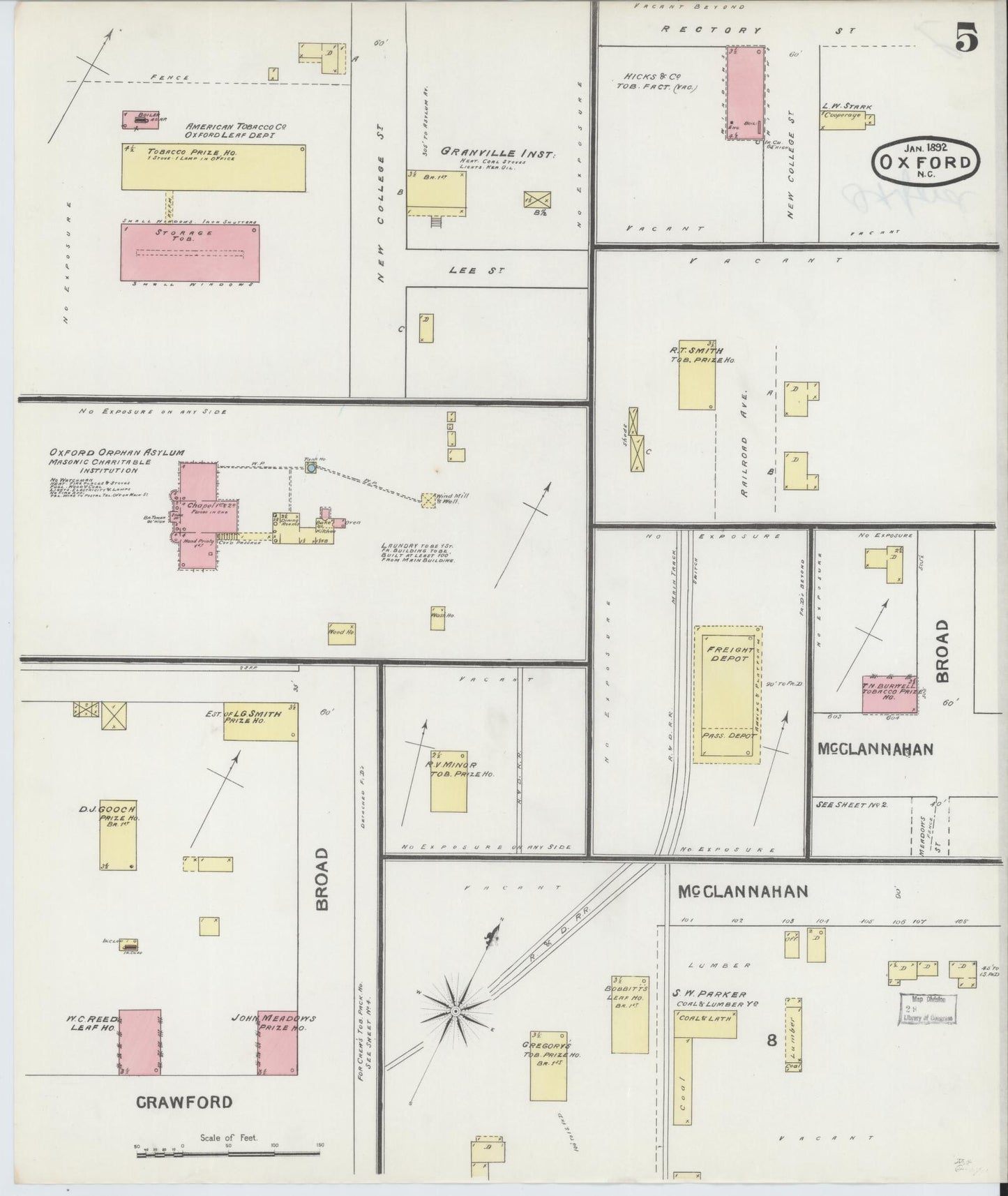 Sanborn Fire Insurance Map from Oxford, Granville County, North Carolina (1892), Sheet #0005 - Complete Map Set gallery image, historic Sanborn map, vintage wall art, North Carolina North Carolina