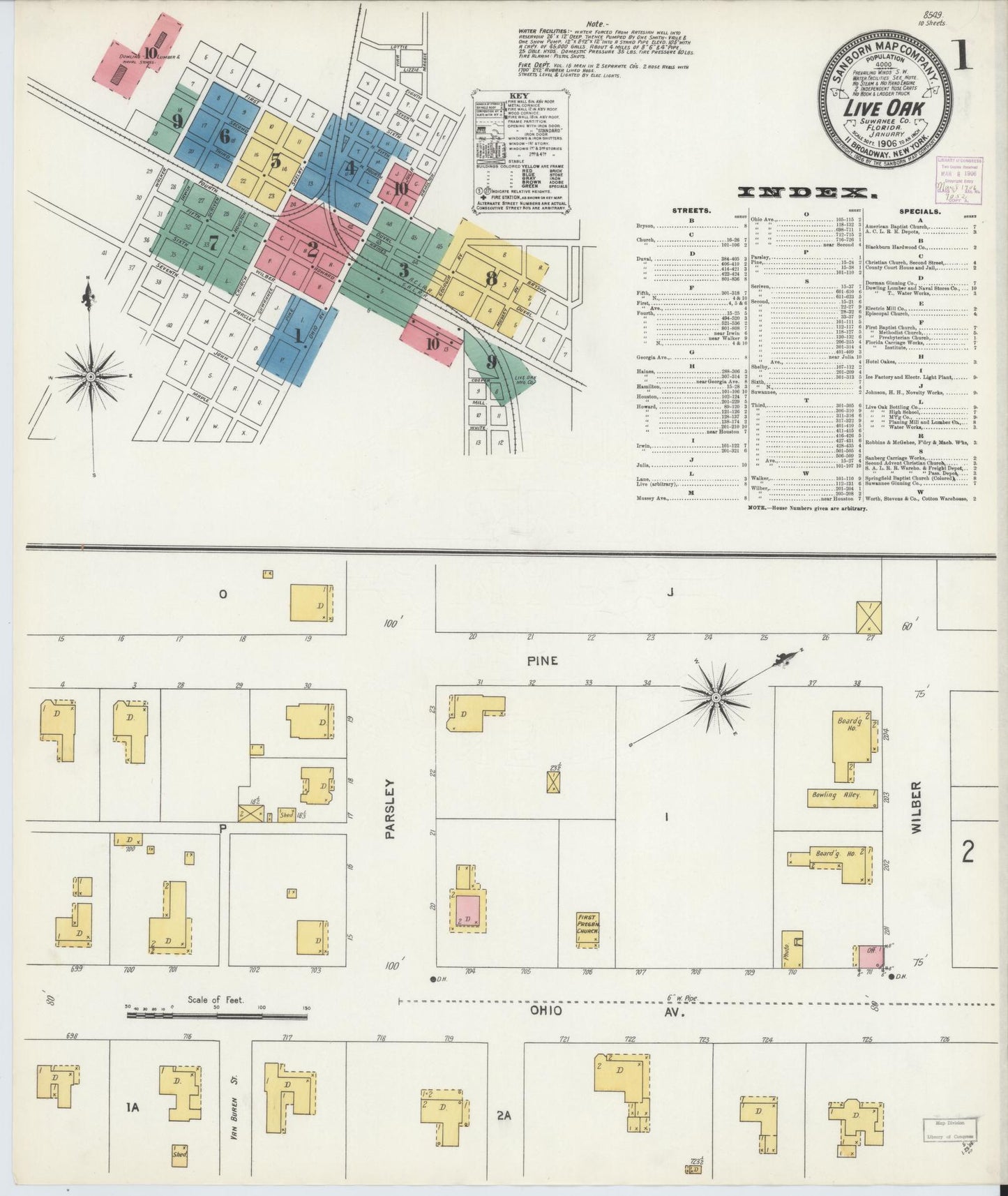 Sanborn Fire Insurance Map from Live Oak, Suwanee County, Florida (1906), Sheet #0001 - Historic Sanborn Fire Insurance Map Print, vintage old map wall art, antique decor, genealogy gift, Florida Florida map