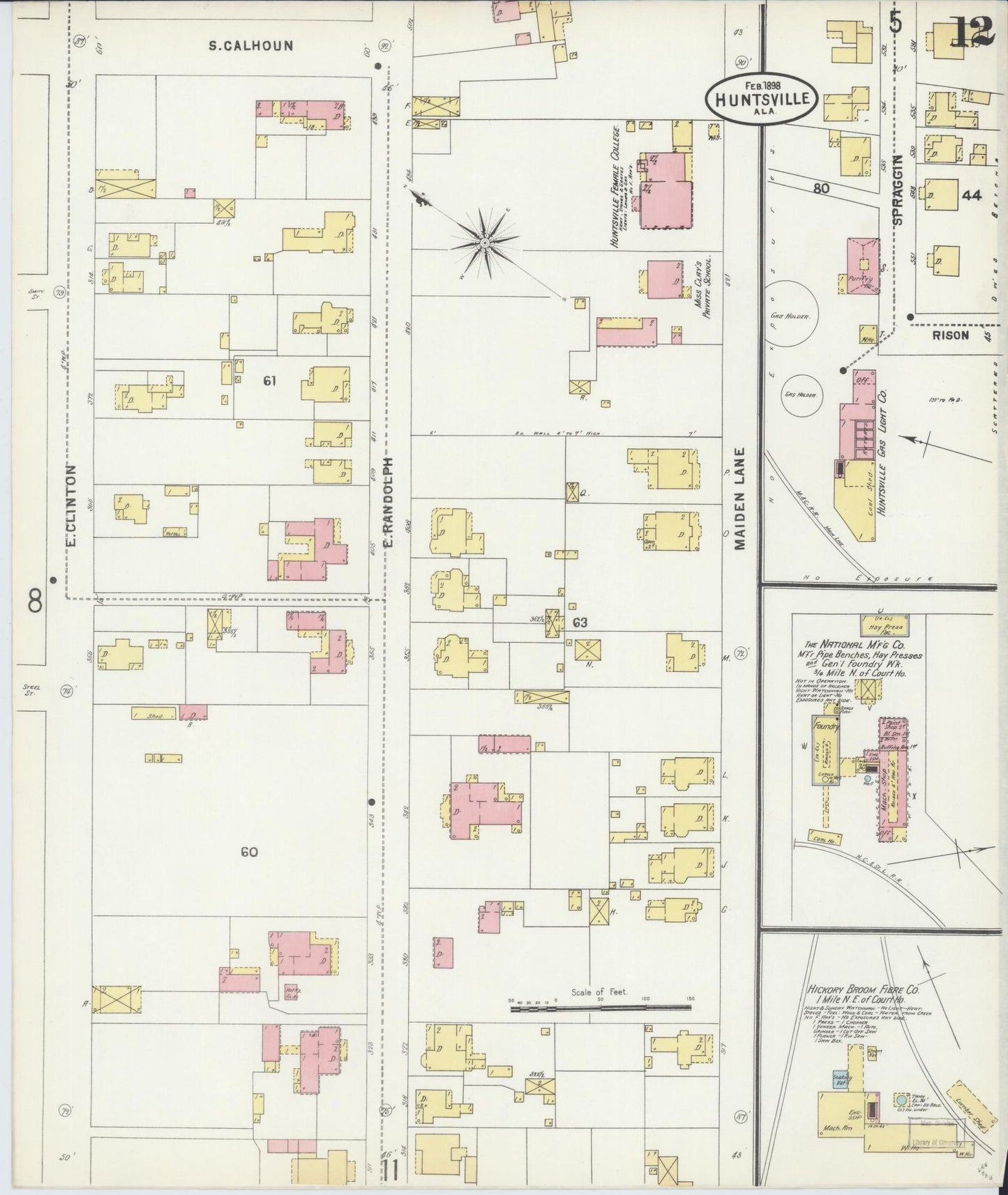 Sanborn Fire Insurance Map from Huntsville, Madison County, Alabama (1898), Sheet #0012 - Historic Sanborn Fire Insurance Map Print, vintage old map wall art, antique decor, genealogy gift, Alabama Alabama map