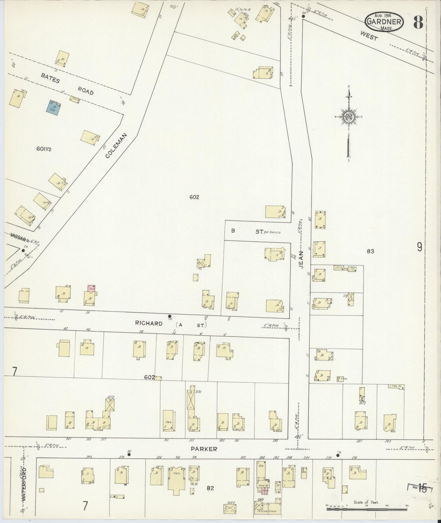 Sanborn Fire Insurance Map from Gardner, Worcester County, Massachusetts (1914), Sheet #0008 - Historic Sanborn Fire Insurance Map Print, vintage old map wall art, antique decor, genealogy gift, Massachusetts Massachusetts map