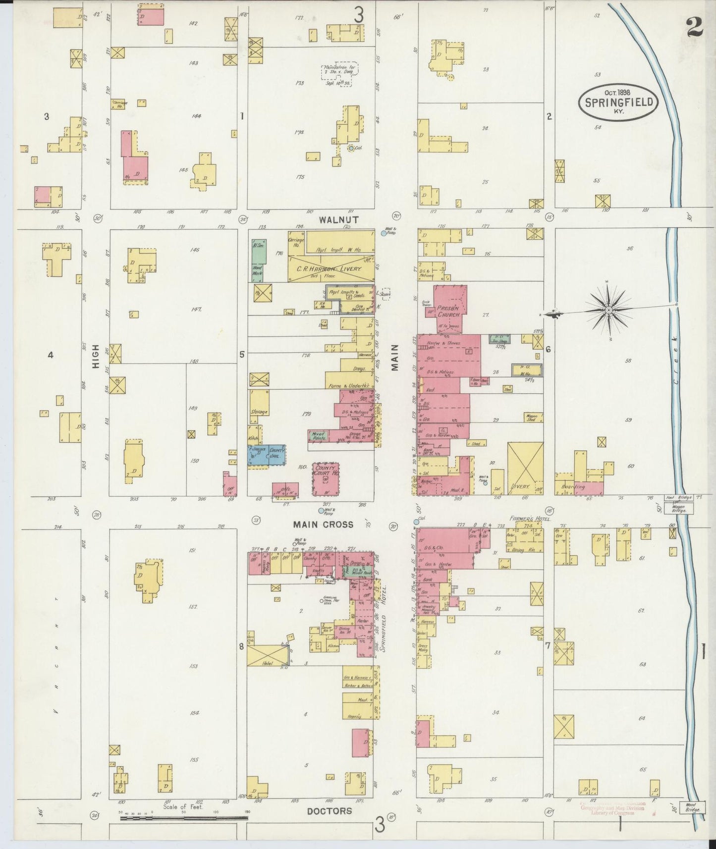 Sanborn Fire Insurance Map from Springfield, Washington County, Kentucky (1898), Sheet #0002 - Historic Sanborn Fire Insurance Map Print, vintage old map wall art, antique decor, genealogy gift, Kentucky Kentucky map