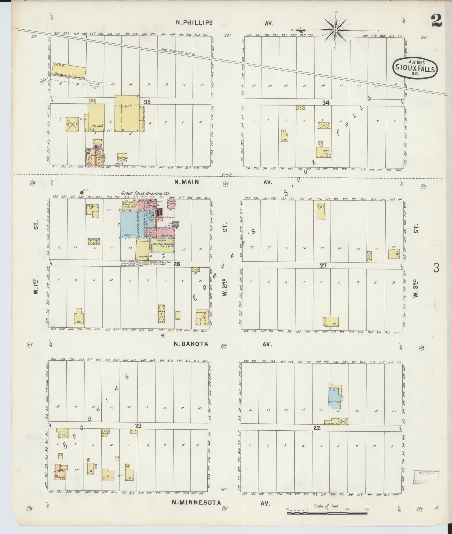 Sanborn Fire Insurance Map from Sioux Falls, Minnehaha County, South Dakota (1896), Sheet #0002 - Historic Sanborn Fire Insurance Map Print, vintage old map wall art, antique decor, genealogy gift, South Dakota South Dakota map