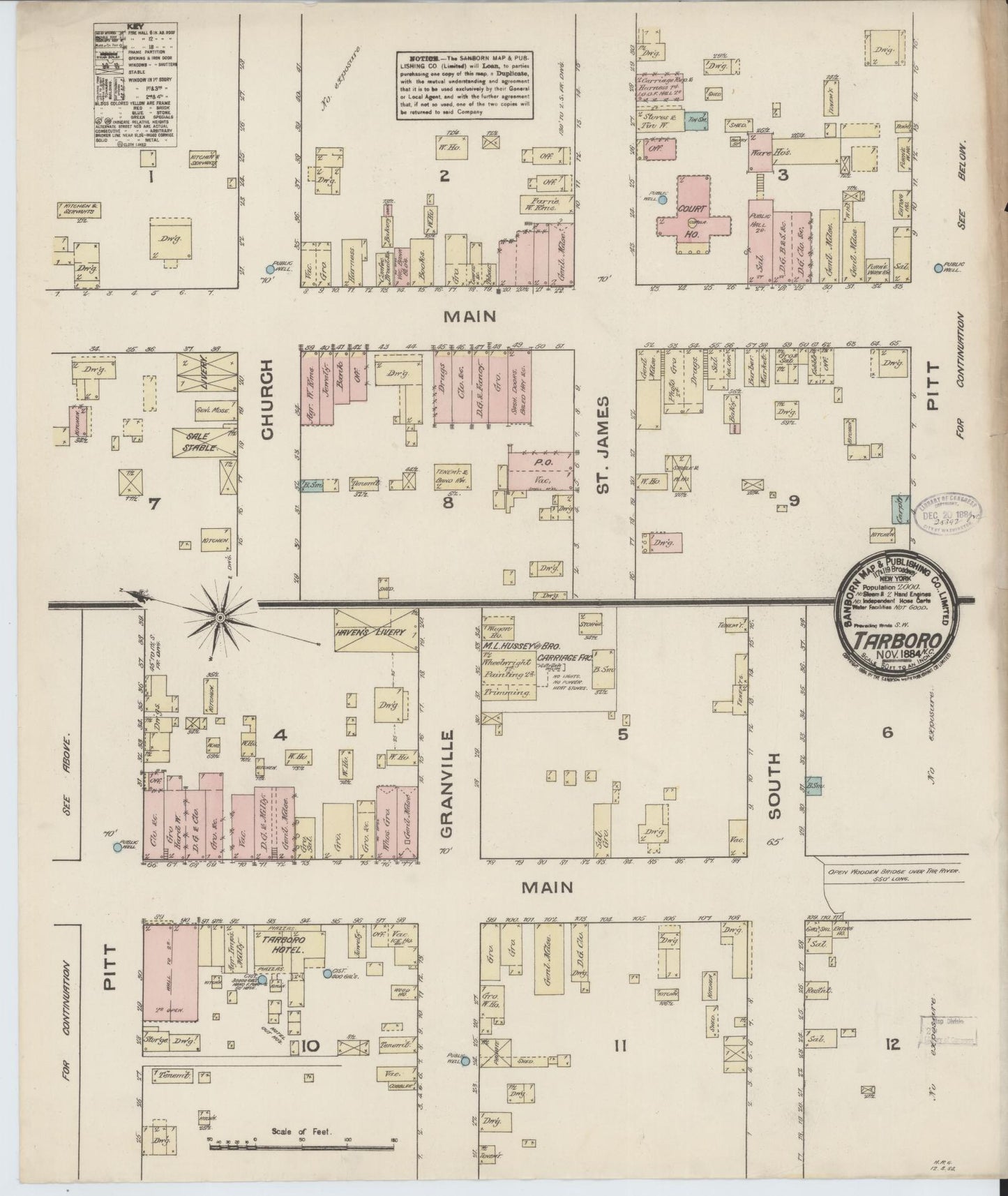 Sanborn Fire Insurance Map from Tarboro, Edgecombe County, North Carolina (1884), Sheet #0001 - Historic Sanborn Fire Insurance Map Print, vintage old map wall art, antique decor, genealogy gift, North Carolina North Carolina map