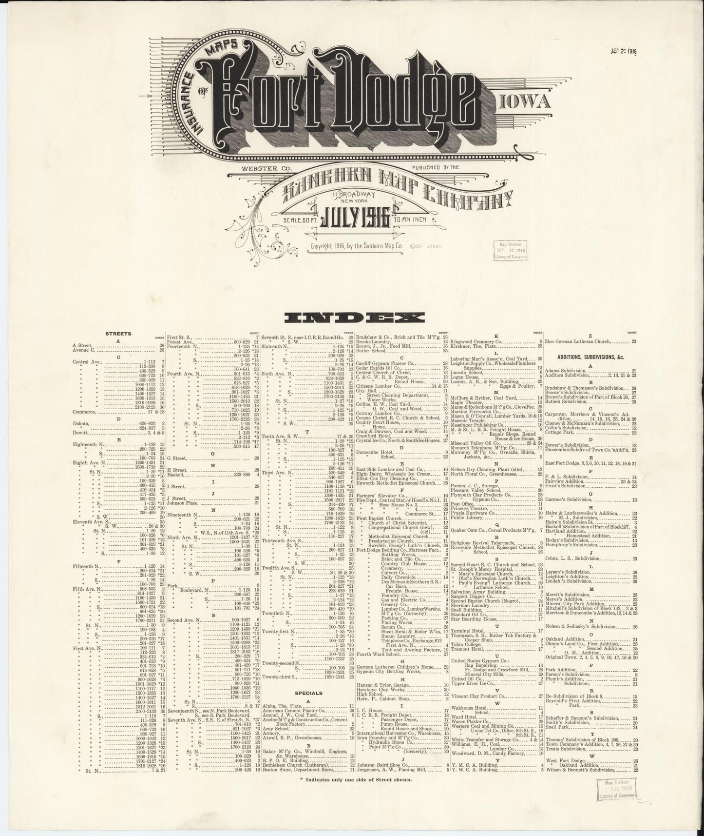 Sanborn Fire Insurance Map from Fort Dodge, Webster County, Iowa (1916), Sheet #0001 - Historic Sanborn Fire Insurance Map Print, vintage old map wall art