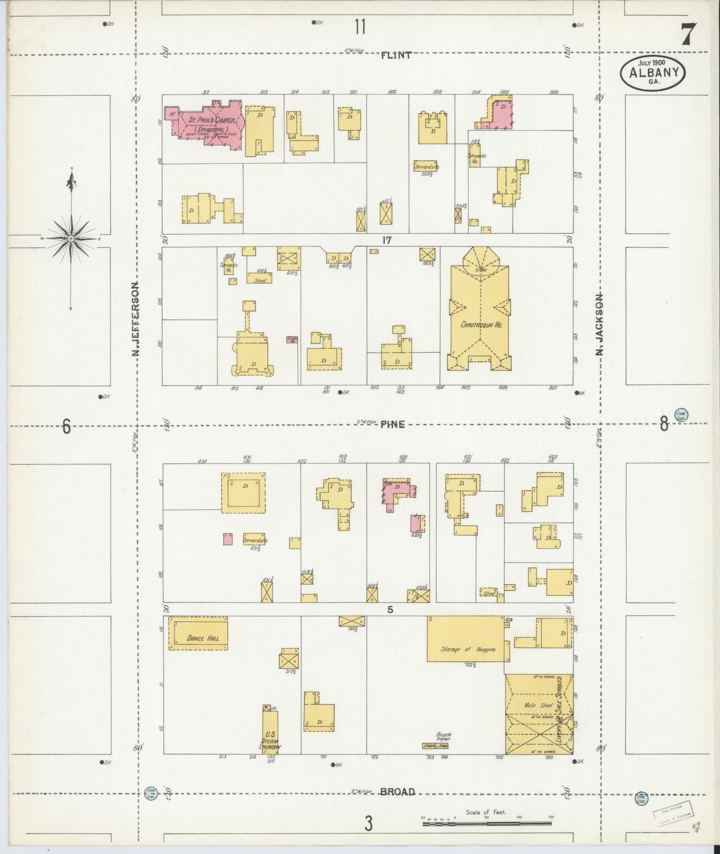 Sanborn Fire Insurance Map from Albany, Dougherty County, Georgia (1900), Sheet #0007 - Historic Sanborn Fire Insurance Map Print, vintage old map wall art, antique decor, genealogy gift, Georgia Georgia map