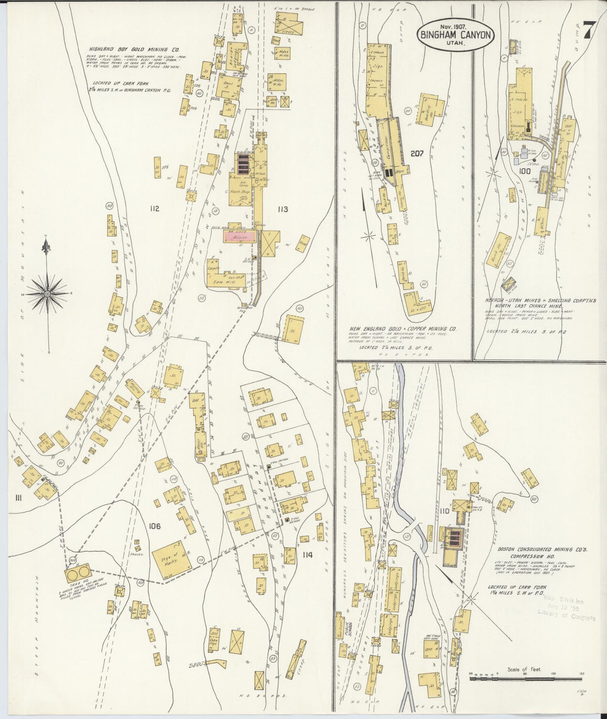 Sanborn Fire Insurance Map from Bingham Canyon, Salt Lake County, Utah (1907), Sheet #0007 - Historic Sanborn Fire Insurance Map Print, vintage old map wall art, antique decor, genealogy gift, Utah Utah map