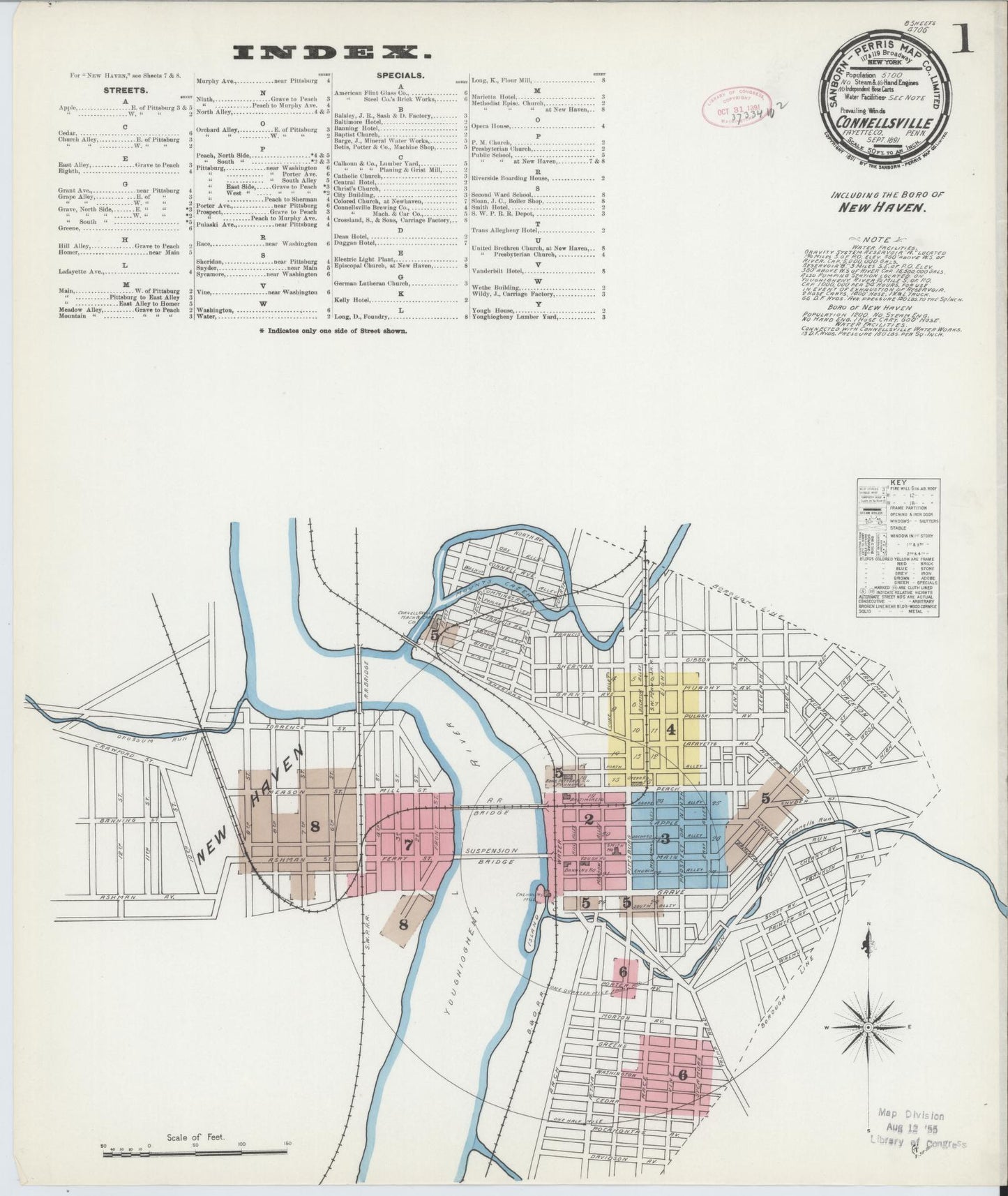 Sanborn Fire Insurance Map from Connellsville, Fayette County, Pennsylvania (1891), Sheet #0001 - Historic Sanborn Fire Insurance Map Print, vintage old map wall art, antique decor, genealogy gift, Pennsylvania Pennsylvania map