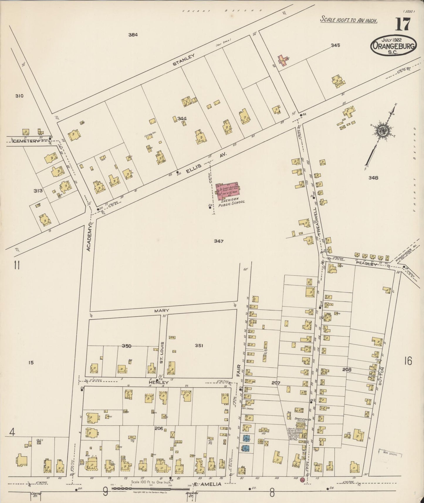 Sanborn Fire Insurance Map from Orangeburg, Orangeburg County, South Carolina (1922), Sheet #0017 - Historic Sanborn Fire Insurance Map Print, vintage old map wall art, antique decor, genealogy gift, South Carolina South Carolina map