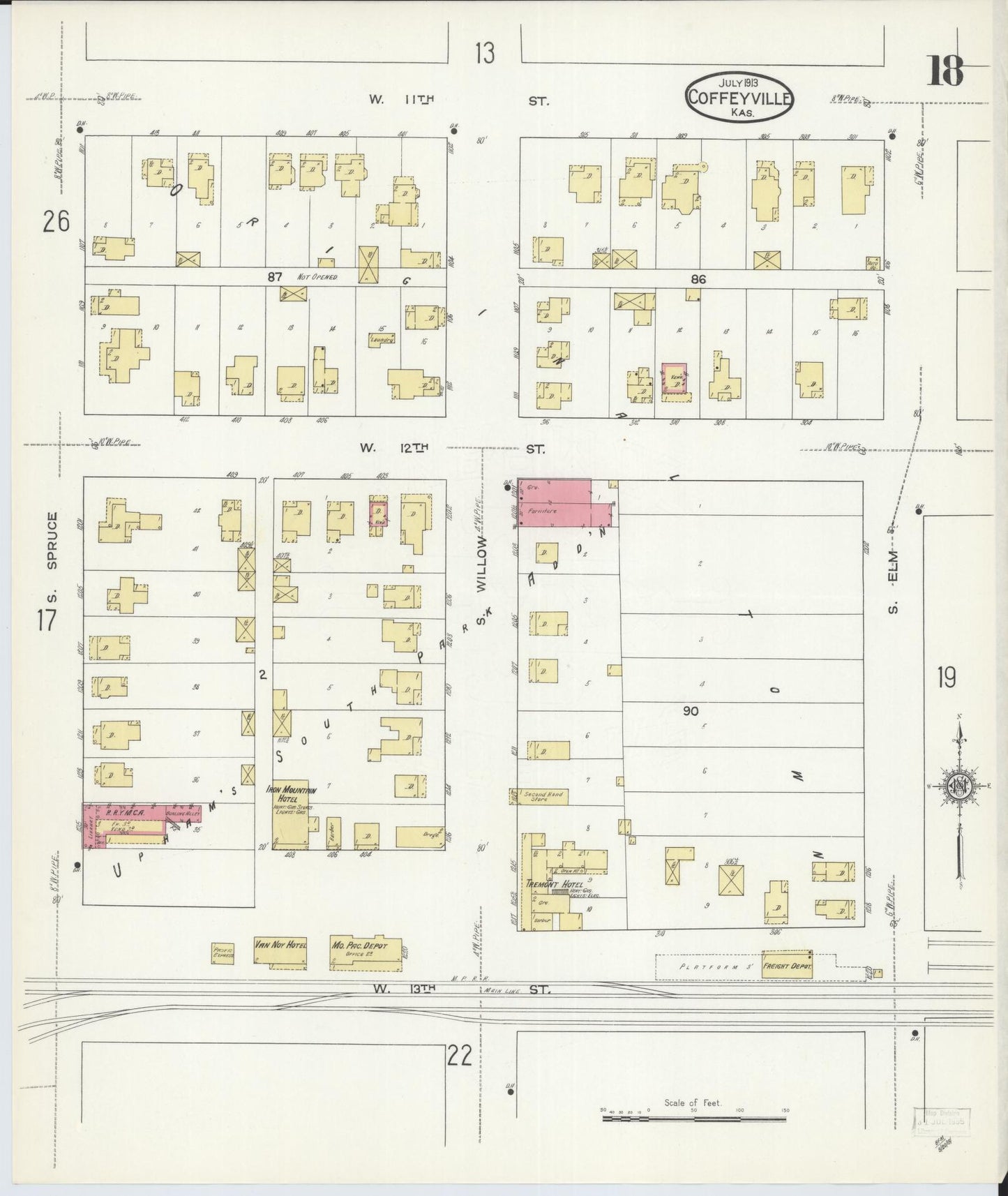 Sanborn Fire Insurance Map from Coffeyville, Montgomery County, Kansas (1913), Sheet #0018 - Historic Sanborn Fire Insurance Map Print, vintage old map wall art, antique decor, genealogy gift, Kansas Kansas map