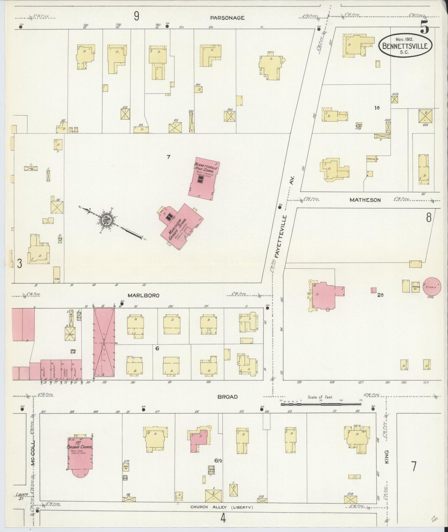 Sanborn Fire Insurance Map from Bennettsville, Marlboro County, South Carolina (1912), Sheet #0005 - Historic Sanborn Fire Insurance Map Print, vintage old map wall art, antique decor, genealogy gift, South Carolina South Carolina map