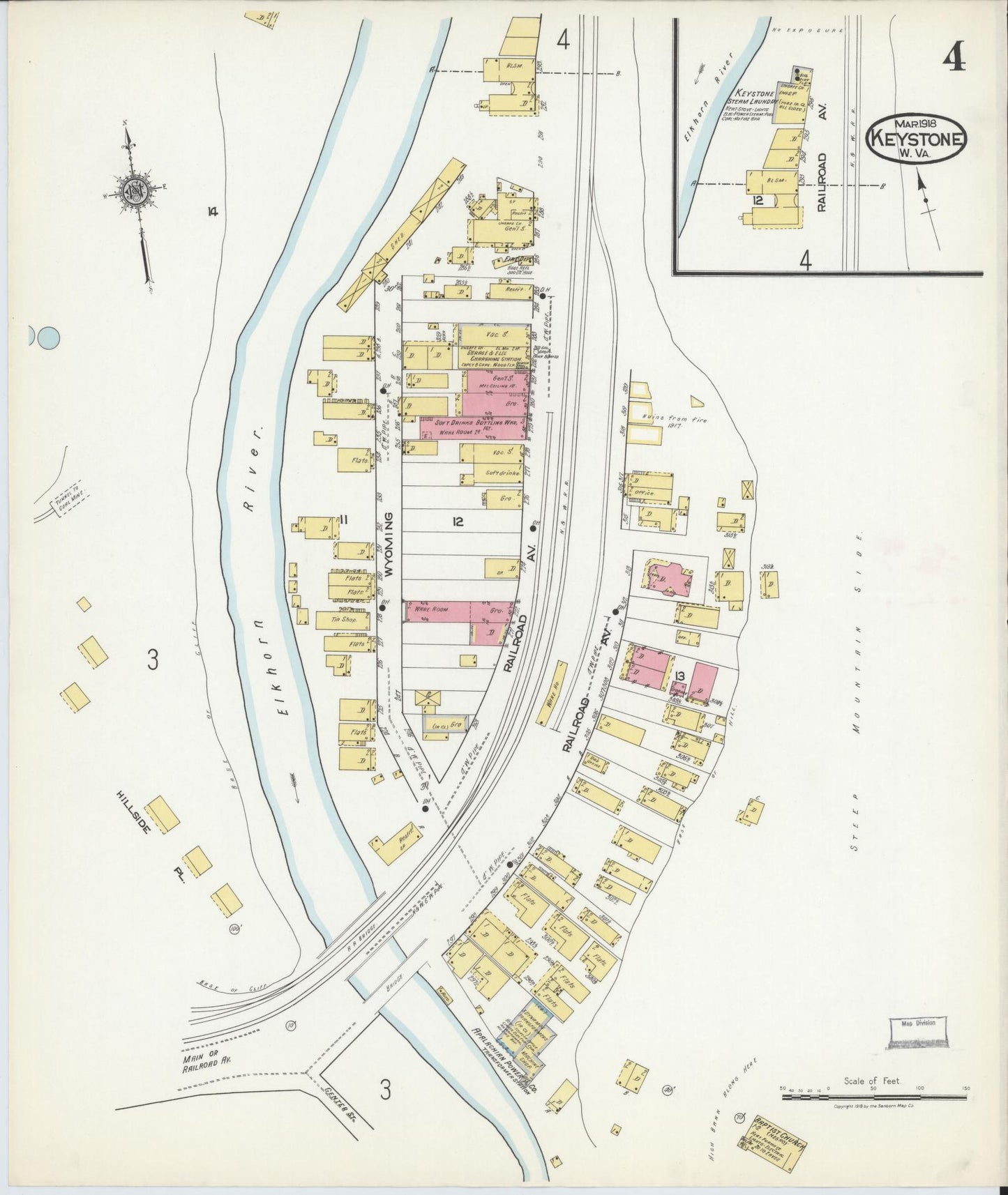 Sanborn Fire Insurance Map from Keystone, Mcdowell County, West Virginia (1918), Sheet #0004 - Historic Sanborn Fire Insurance Map Print, vintage old map wall art, antique decor, genealogy gift, West Virginia West Virginia map