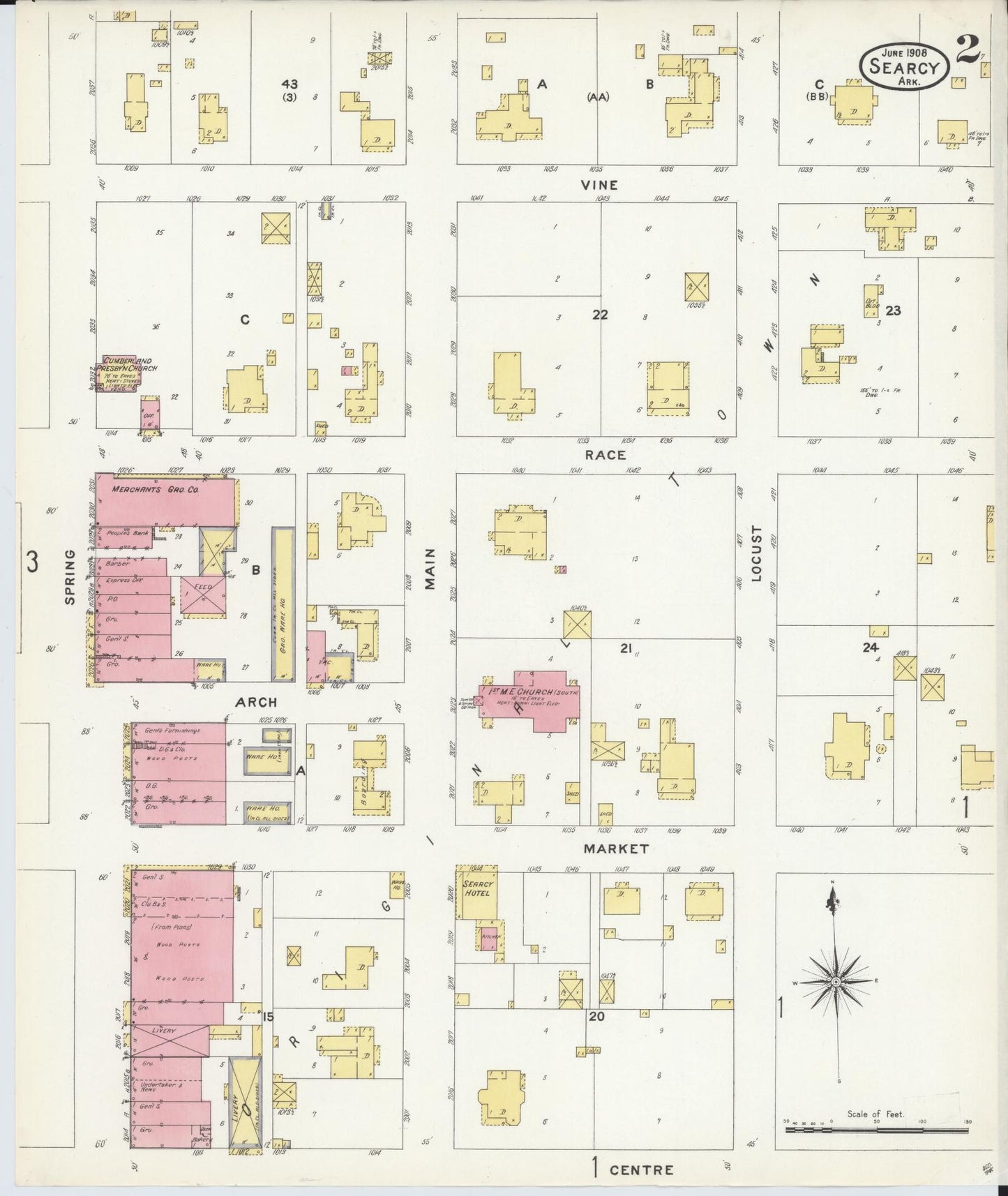 Sanborn Fire Insurance Map from Searcy, White County, Arkansas (1908), Sheet #0002 - Historic Sanborn Fire Insurance Map Print, vintage old map wall art, antique decor, genealogy gift, Arkansas Arkansas map