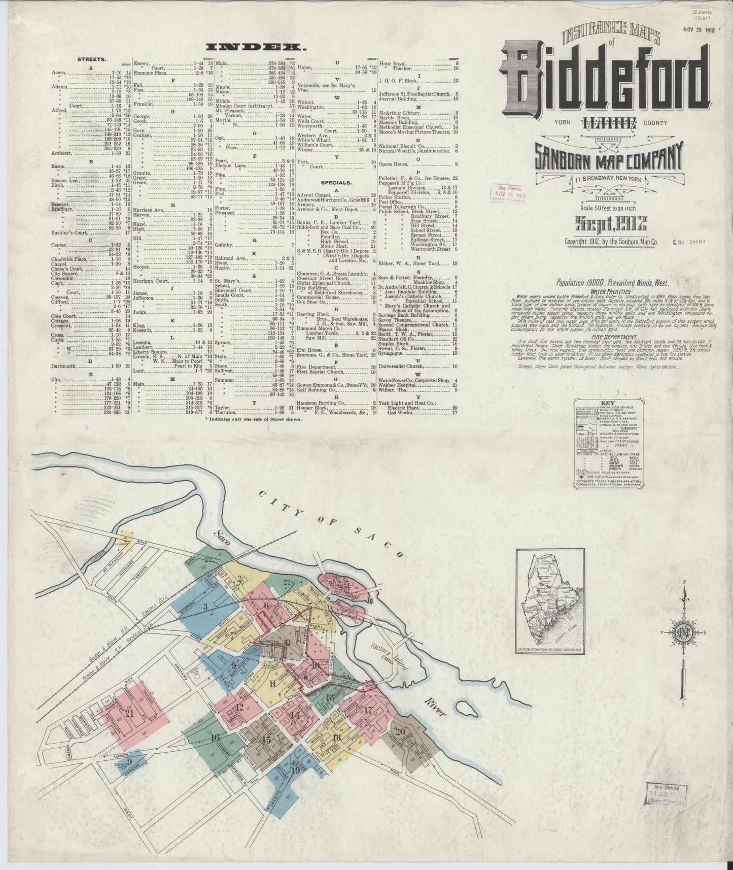 Sanborn Fire Insurance Map from Biddeford, York County, Maine (1912), Sheet #0001 - Historic Sanborn Fire Insurance Map Print, vintage old map wall art, antique decor, genealogy gift, Maine Maine map