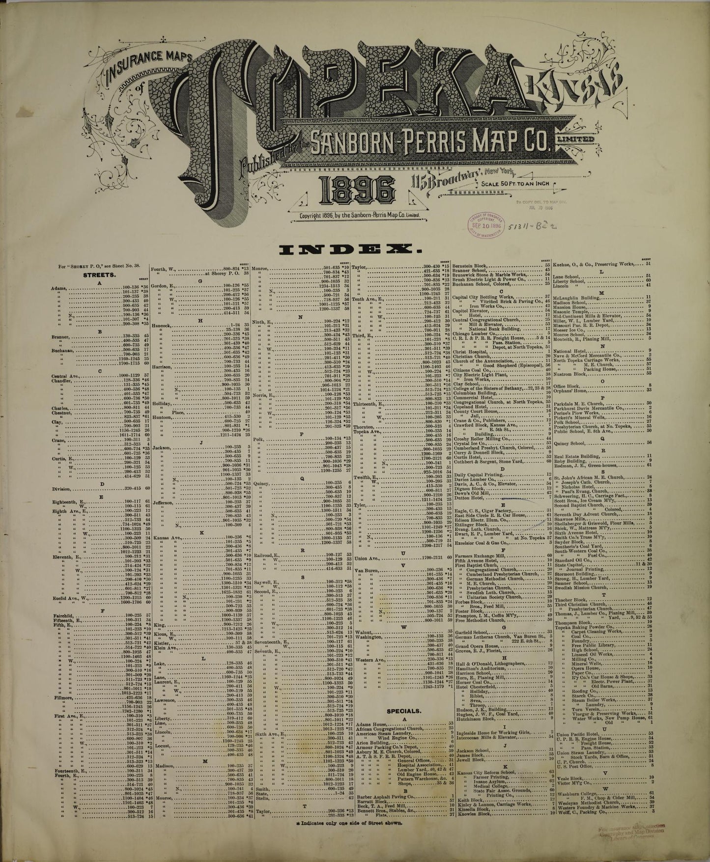 Sanborn Fire Insurance Map from Topeka, Shawnee County, Kansas. (1896) – Historic Sanborn Fire Insurance Map Print