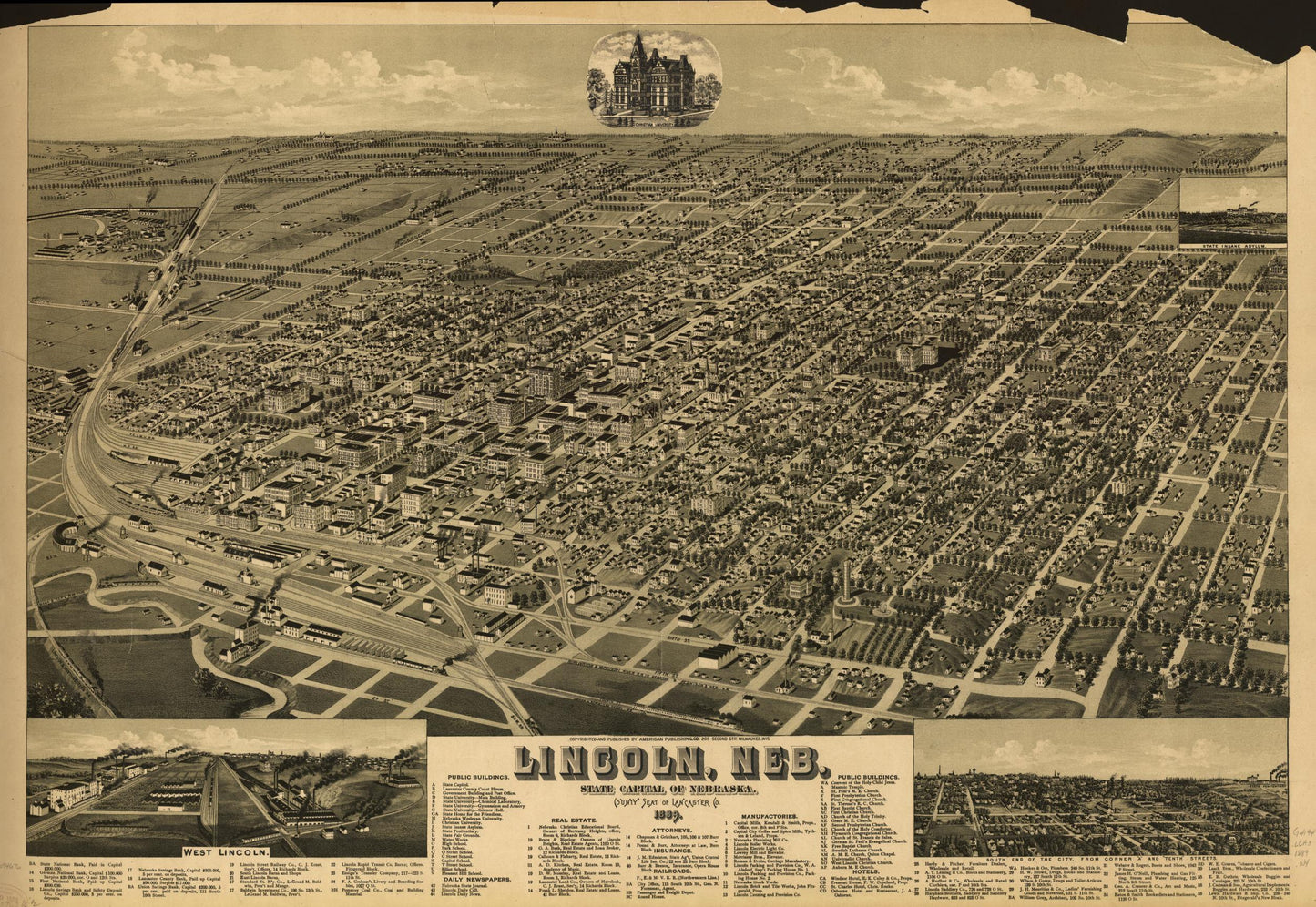 Lincoln, Neb., State capitol of Nebraska, county seat of Lancaster Co. 1889. (1889) – Historic Bird’s-Eye View Panorama Print