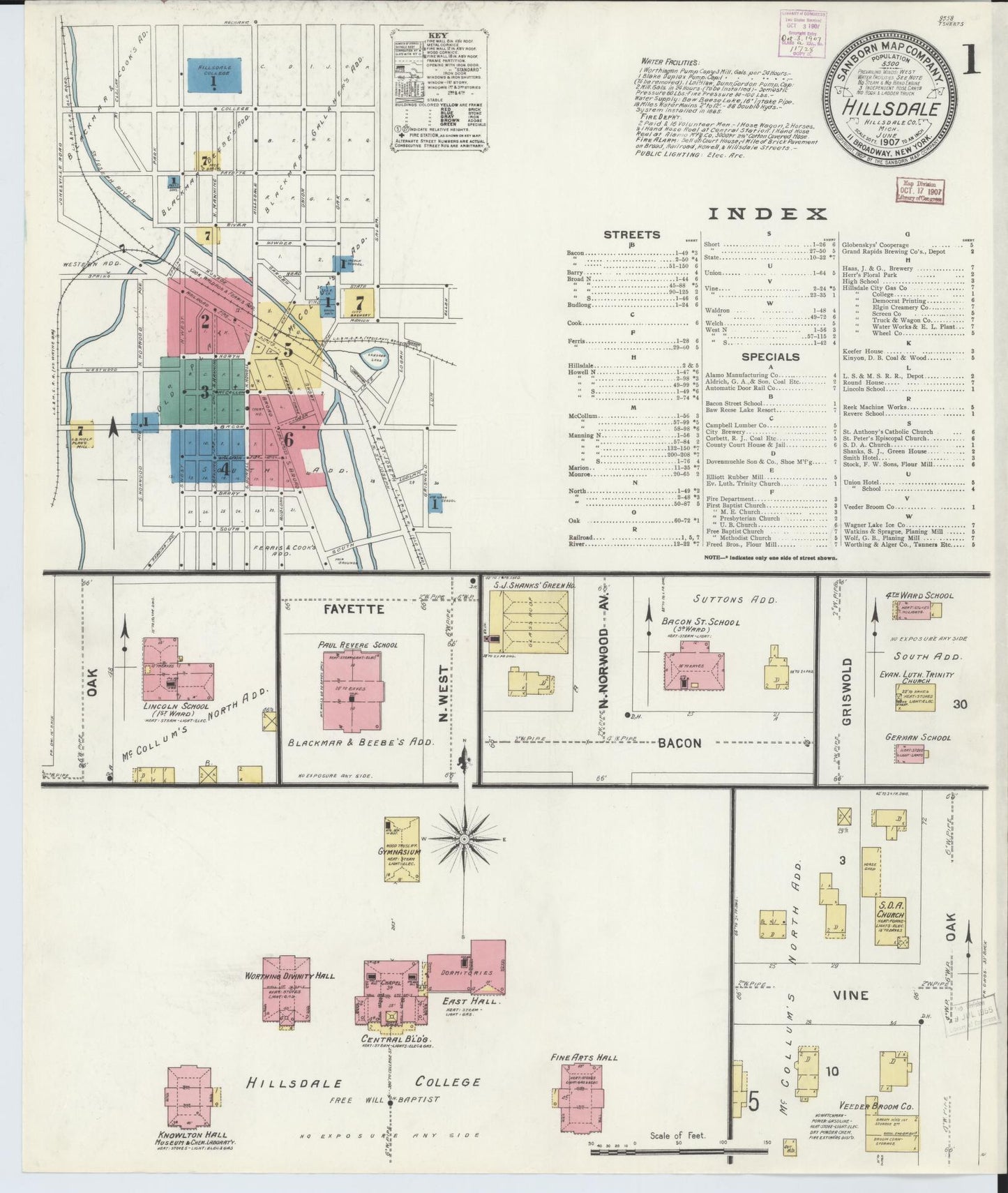 Sanborn Fire Insurance Map from Hillsdale, Hillsdale County, Michigan. (1907) – Historic Sanborn Fire Insurance Map Print
