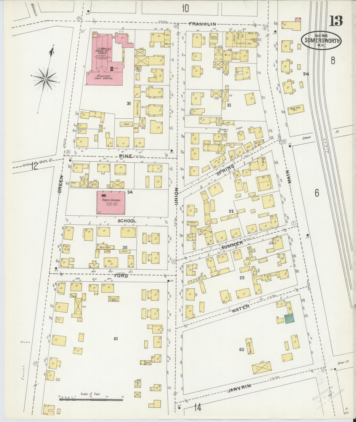 Sanborn Fire Insurance Map from Somersworth, Strafford County, New Hampshire (1905), Sheet #0013 - Historic Sanborn Fire Insurance Map Print, vintage old map wall art, antique decor, genealogy gift, New Hampshire New Hampshire map