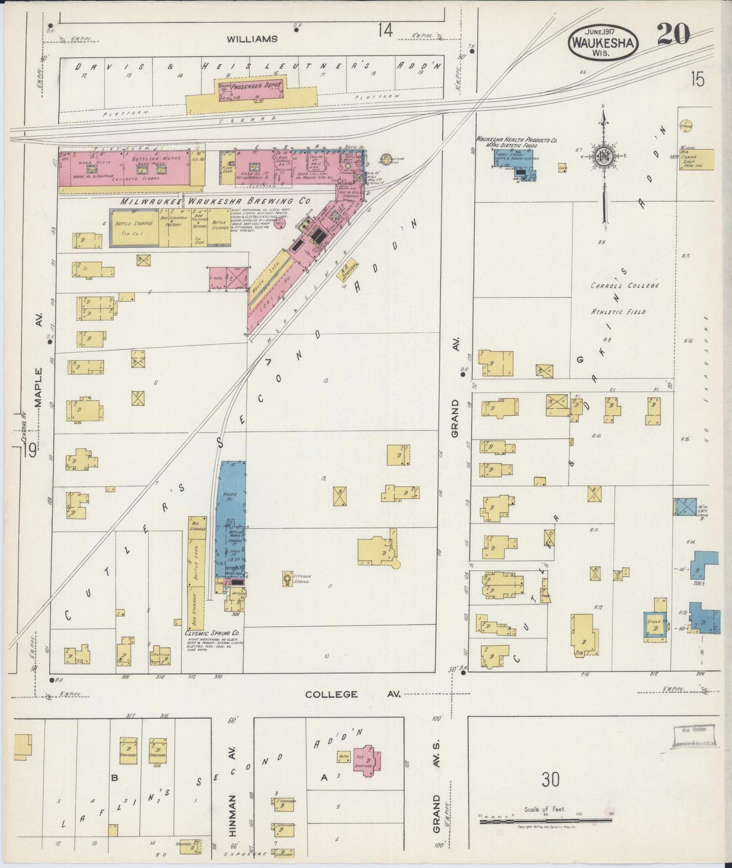 Sanborn Fire Insurance Map from Waukesha, Waukesha County, Wisconsin (1917), Sheet #0020 - Historic Sanborn Fire Insurance Map Print, vintage old map wall art, antique decor, genealogy gift, Wisconsin Wisconsin map
