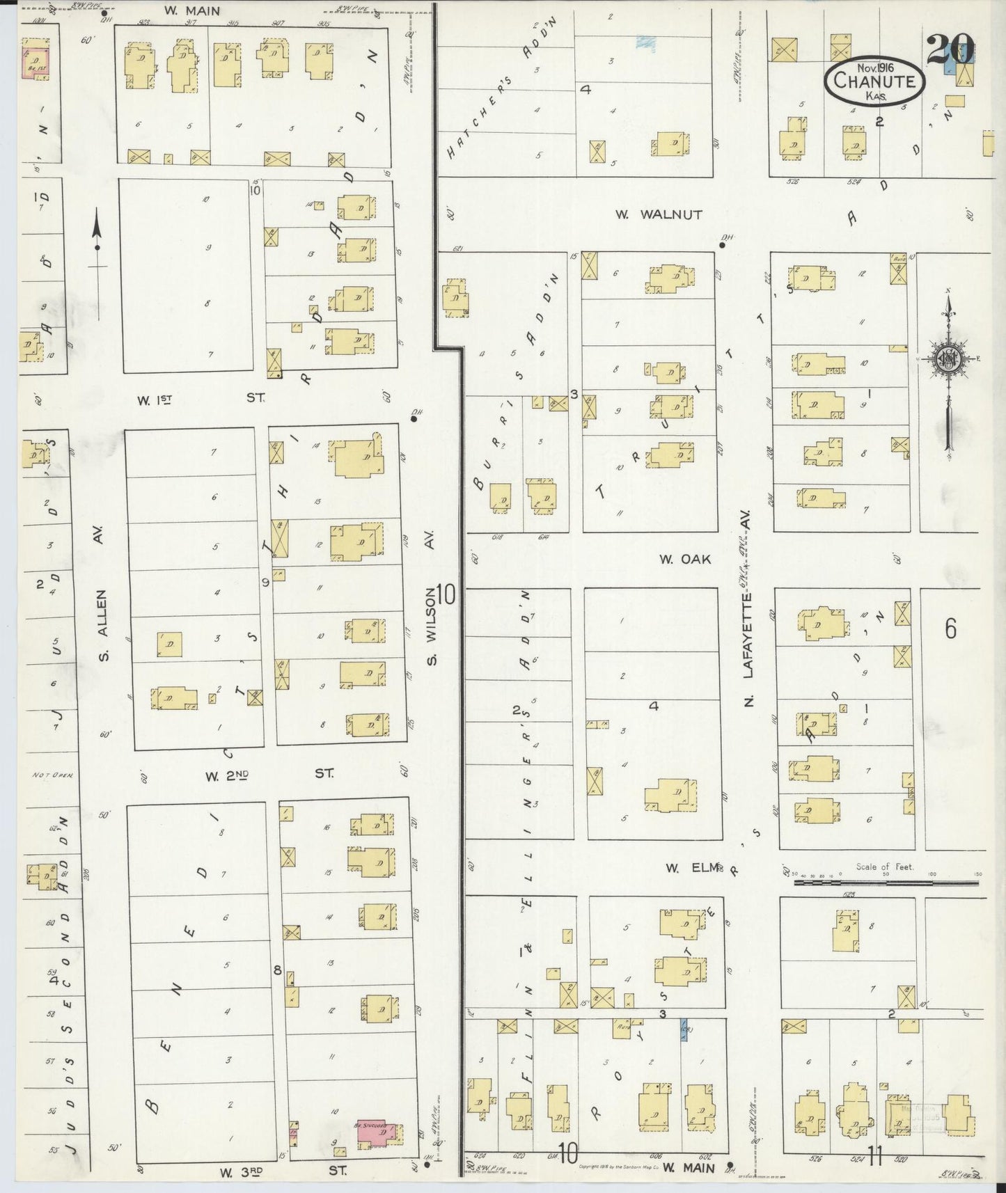 Sanborn Fire Insurance Map from Chanute, Neosho County, Kansas (1916), Sheet #0020 - Historic Sanborn Fire Insurance Map Print, vintage old map wall art, antique decor, genealogy gift, Kansas Kansas map