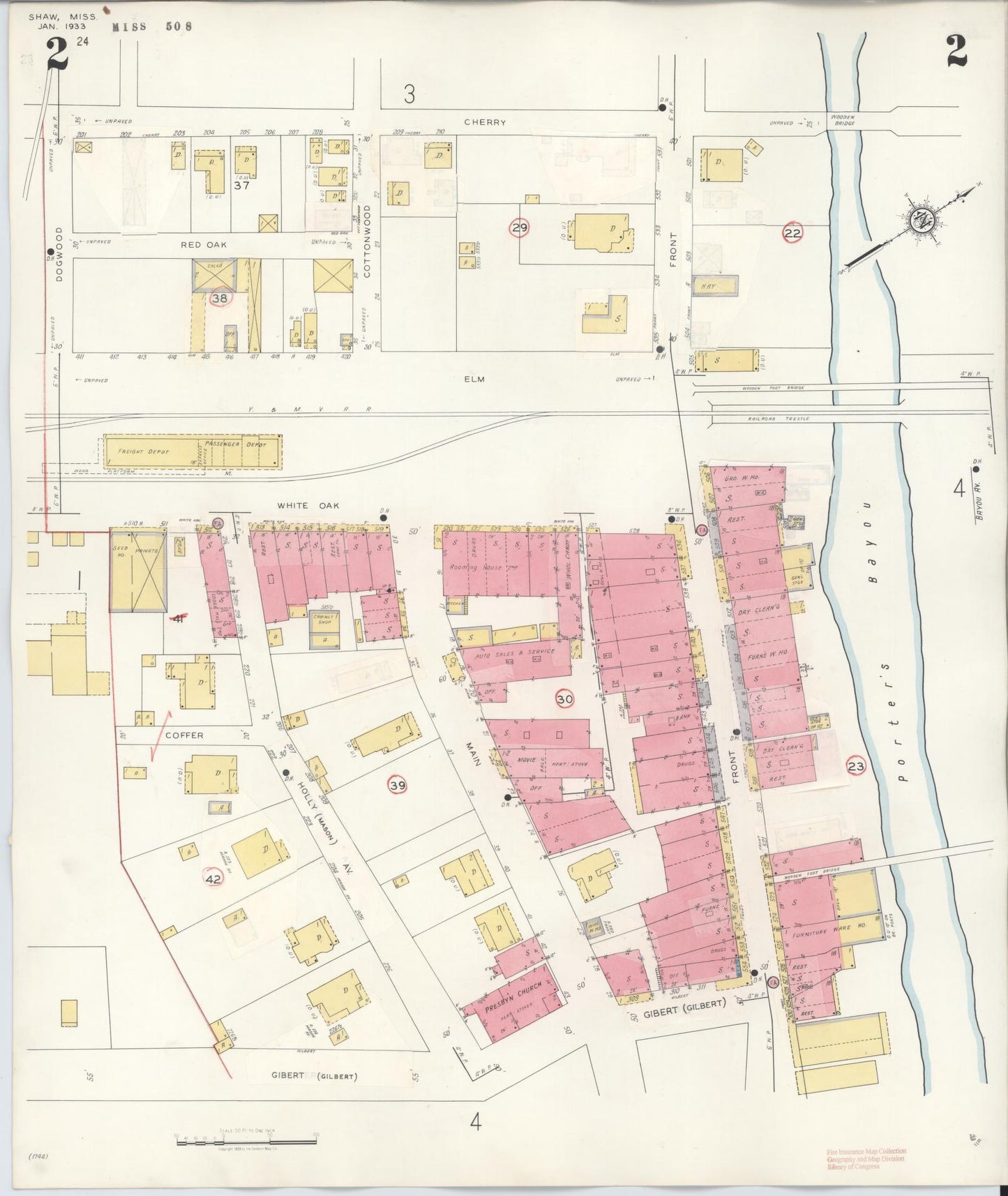 Sanborn Fire Insurance Map from Shaw, Bolivar County, Mississippi (1945), Sheet #0002 - Historic Sanborn Fire Insurance Map Print, vintage old map wall art, antique decor, genealogy gift, Mississippi Mississippi map