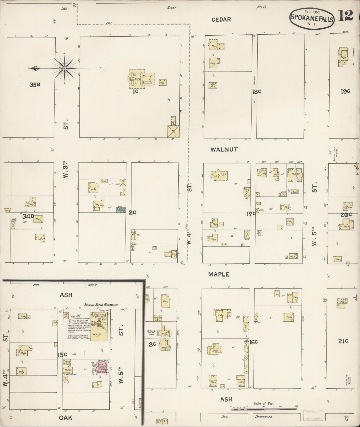 Sanborn Fire Insurance Map from Spokane, Spokane County, Washington (1889), Sheet #0012 - Historic Sanborn Fire Insurance Map Print, vintage old map wall art, antique decor, genealogy gift, Washington Washington map