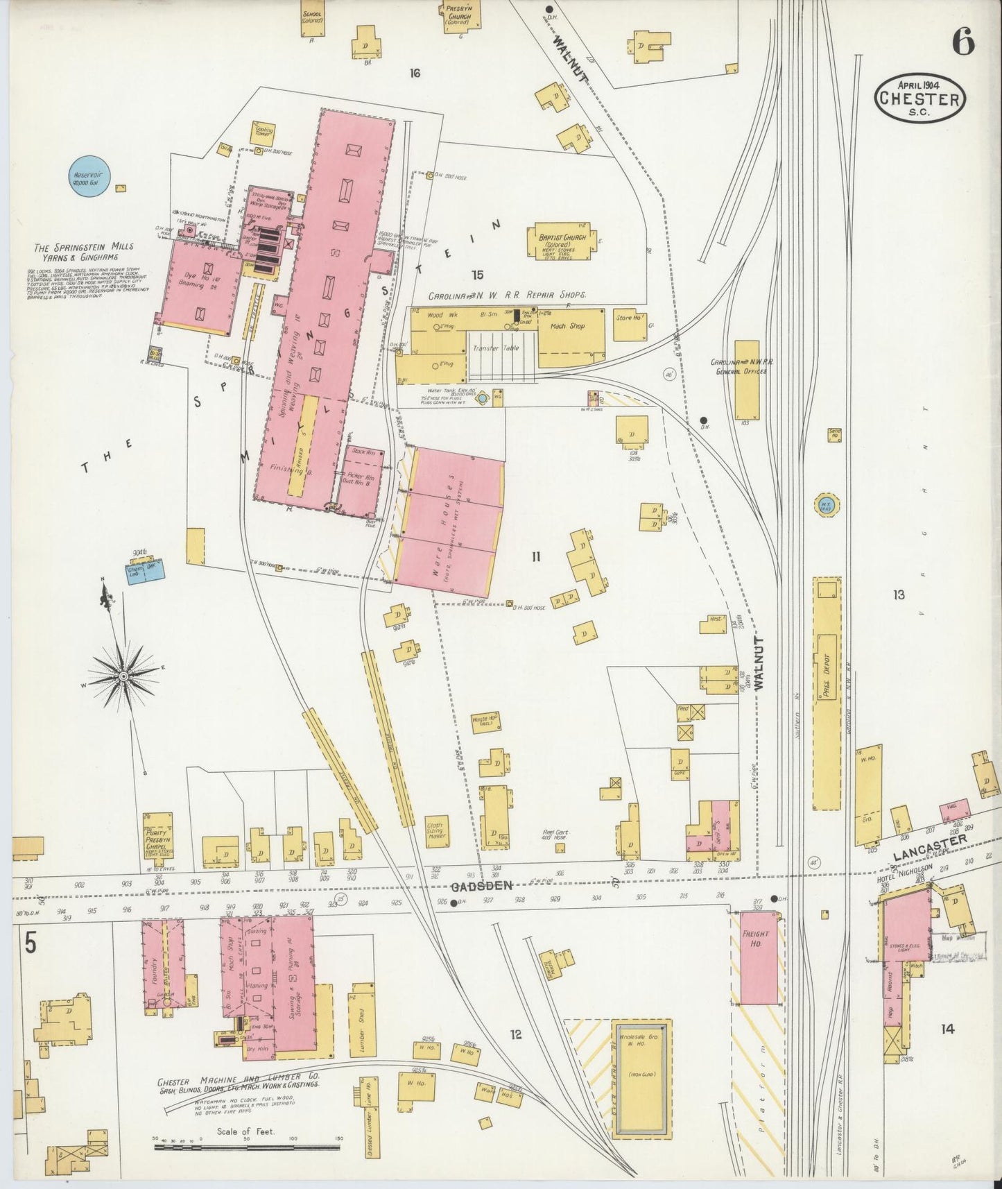 Sanborn Fire Insurance Map from Chester, Chester County, South Carolina (1904), Sheet #0006 - Historic Sanborn Fire Insurance Map Print, vintage old map wall art, antique decor, genealogy gift, South Carolina South Carolina map