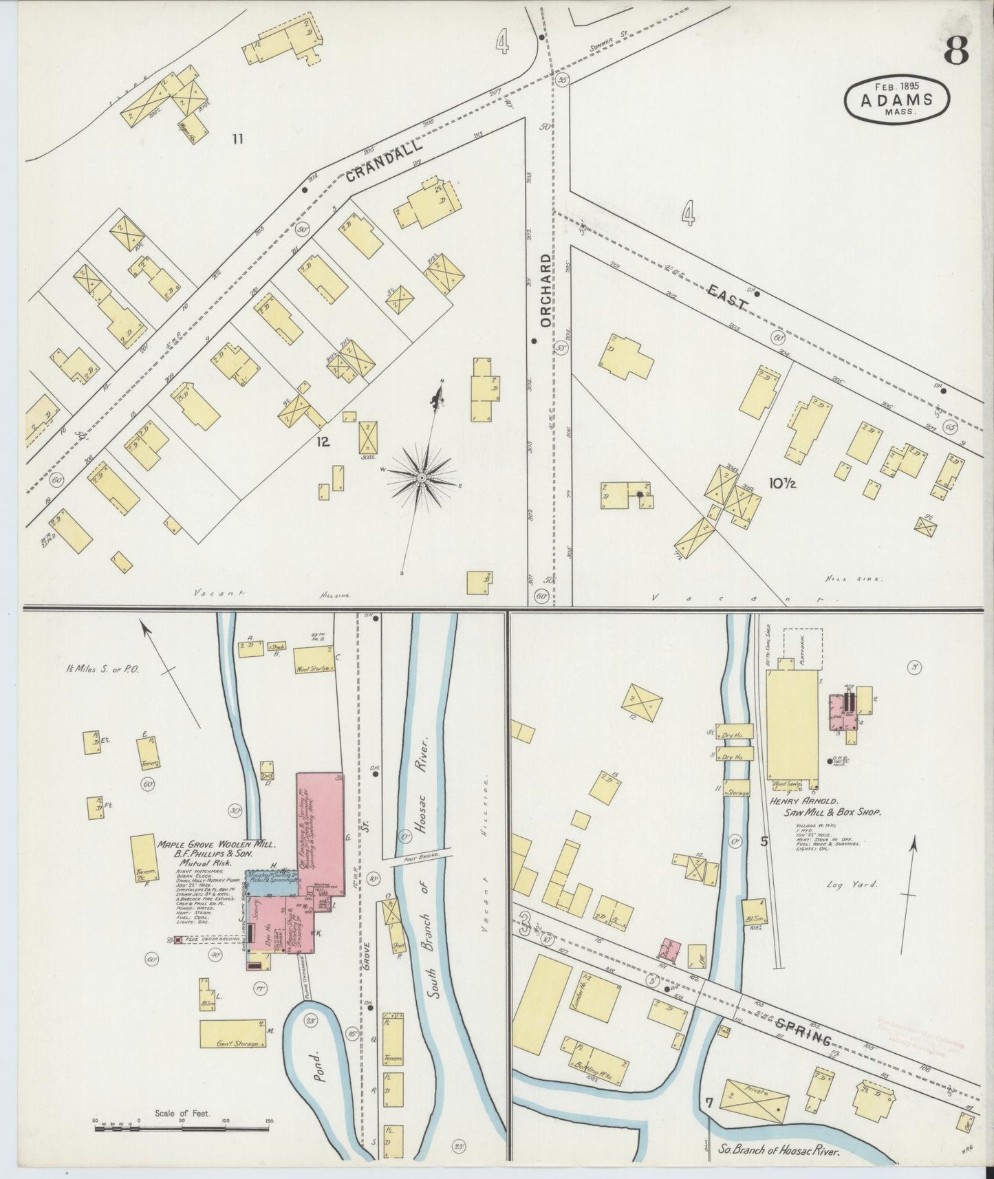 Sanborn Fire Insurance Map from Adams, Berkshire County, Massachusetts (1895), Sheet #0008 - Historic Sanborn Fire Insurance Map Print, vintage old map wall art, antique decor, genealogy gift, Massachusetts Massachusetts map