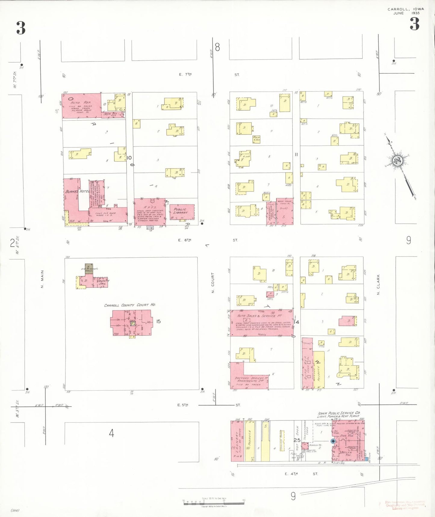Sanborn Fire Insurance Map from Carroll, Carroll County, Iowa (1935), Sheet #0003 - Historic Sanborn Fire Insurance Map Print, vintage old map wall art