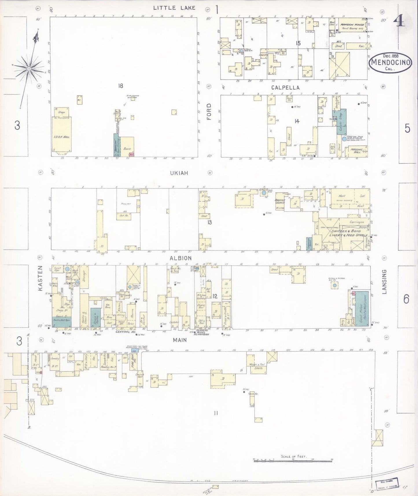 Sanborn Fire Insurance Map from Mendocino, Mendocino County, California (1898), Sheet #0004 - Historic Sanborn Fire Insurance Map Print, vintage old map wall art, antique decor, genealogy gift, California California map