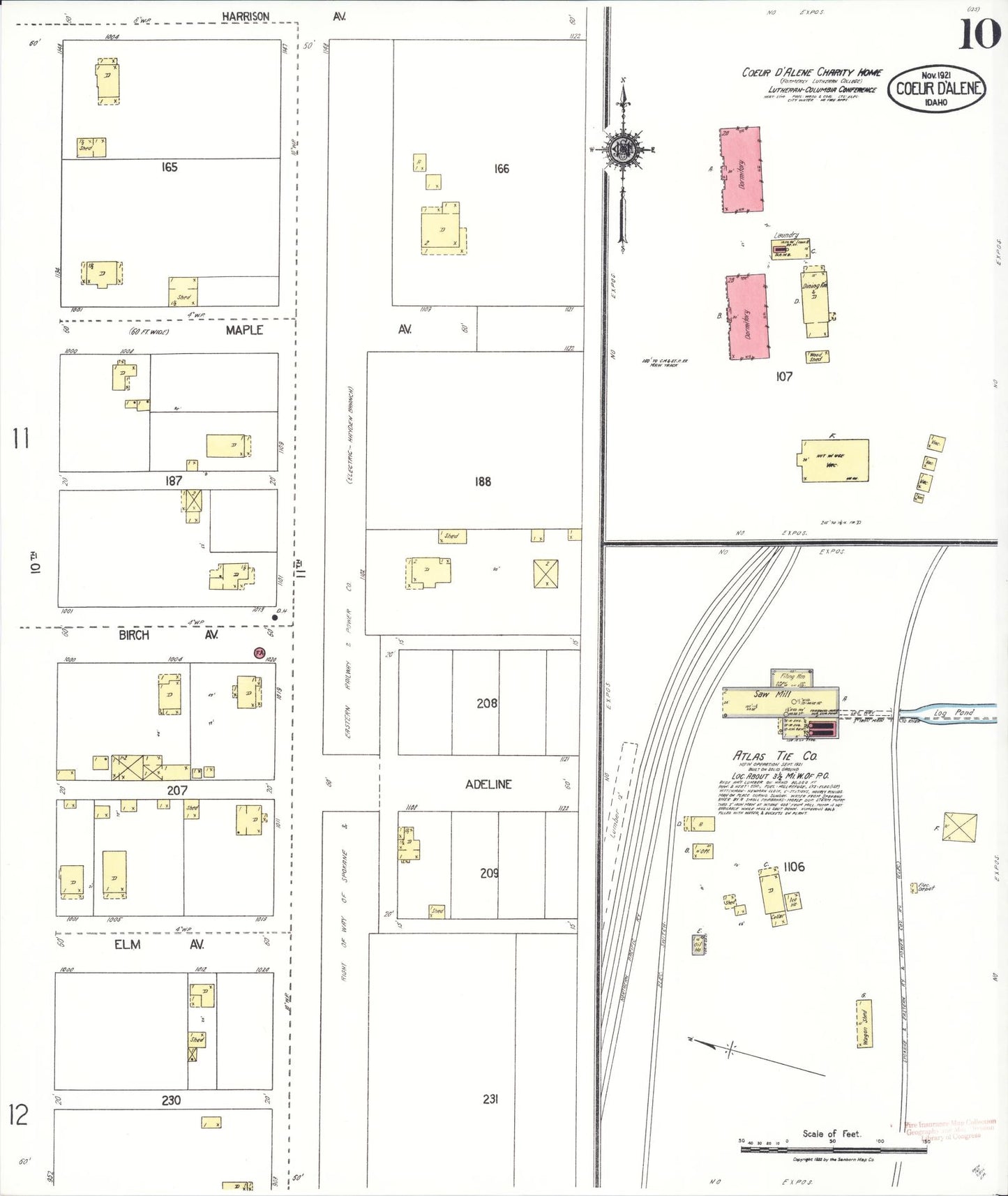 Sanborn Fire Insurance Map from Coeur D'alene, Kootenai County, Idaho (1921), Sheet #0010 - Historic Sanborn Fire Insurance Map Print, vintage old map wall art, antique decor, genealogy gift, Idaho Idaho map