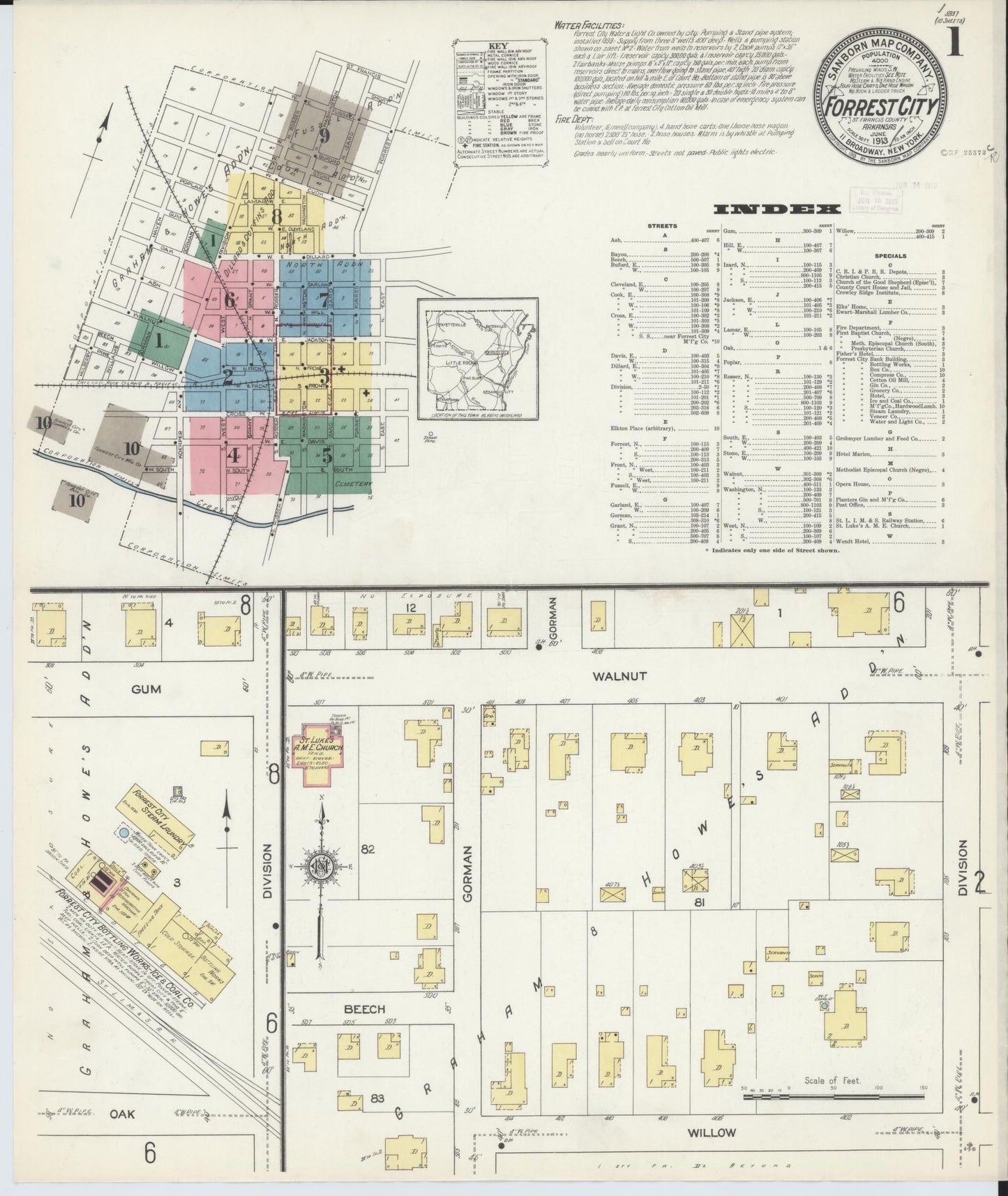 Sanborn Fire Insurance Map from Forrest City, Saint Francis County, Arkansas (1913), Sheet #0001 - Historic Sanborn Fire Insurance Map Print, vintage old map wall art, antique decor, genealogy gift, Arkansas Arkansas map