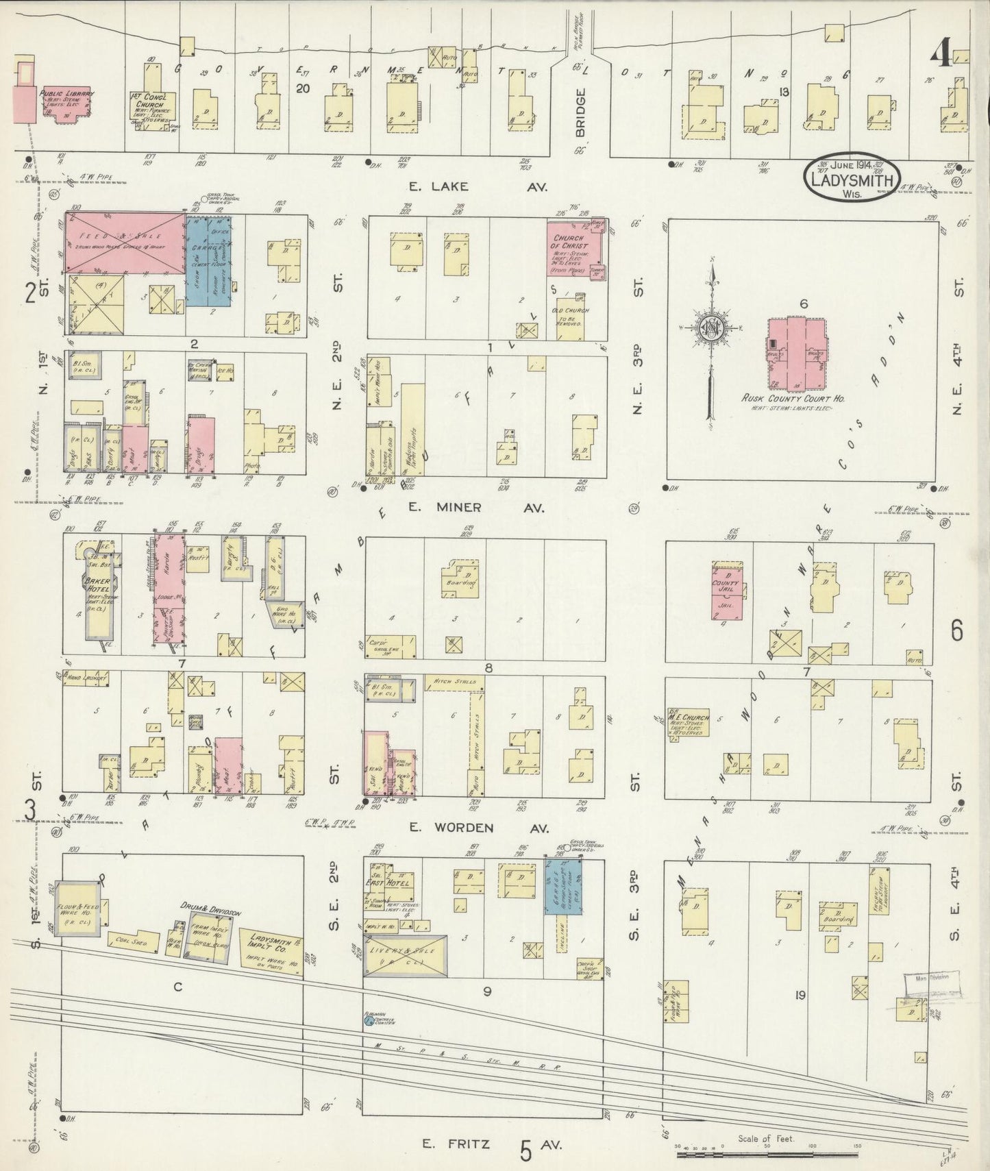 Sanborn Fire Insurance Map from Ladysmith, Rusk County, Wisconsin (1914), Sheet #0004 - Historic Sanborn Fire Insurance Map Print, vintage old map wall art, antique decor, genealogy gift, Wisconsin Wisconsin map