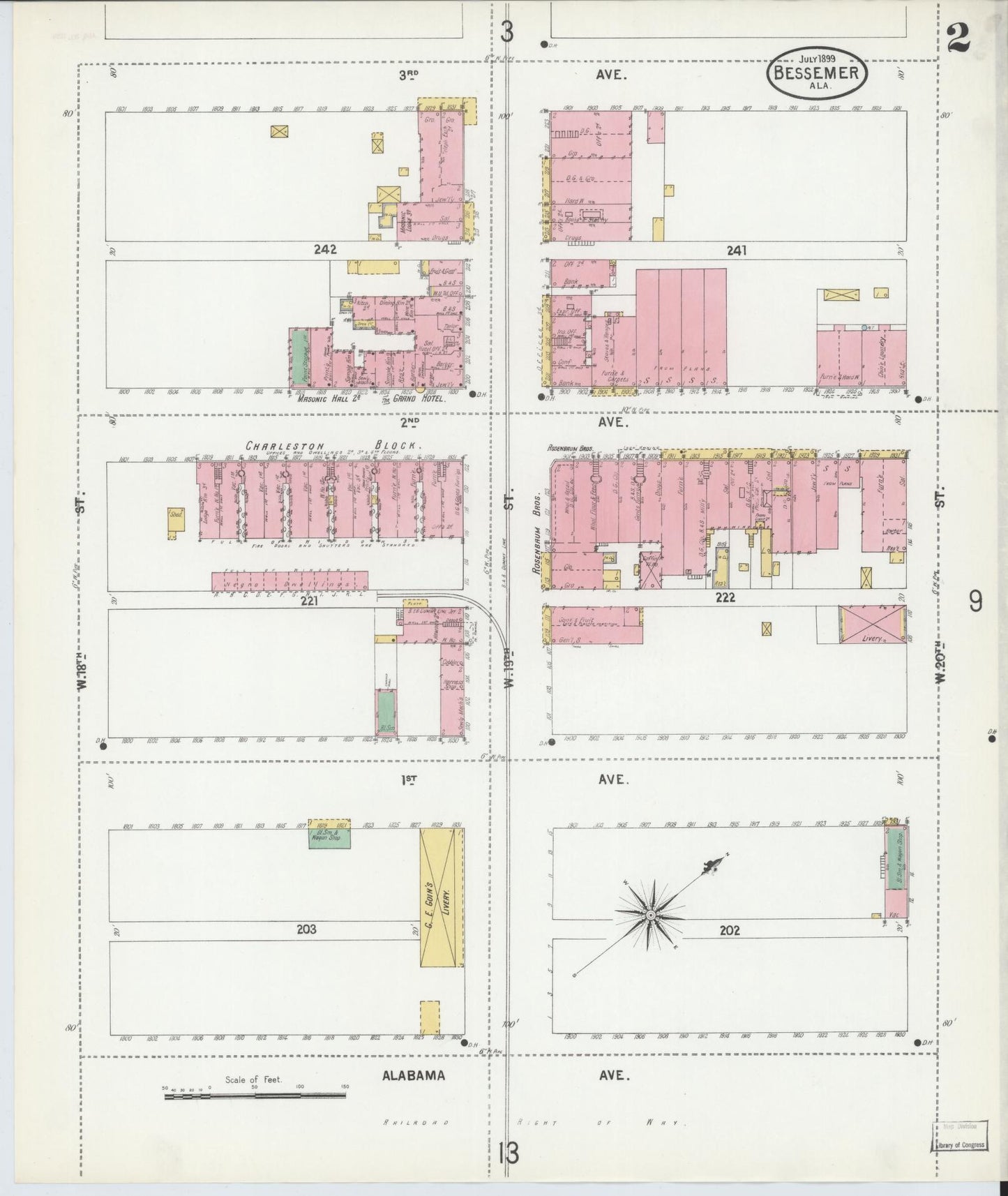 Sanborn Fire Insurance Map from Bessemer, Jefferson County, Alabama (1899), Sheet #0002 - Historic Sanborn Fire Insurance Map Print, vintage old map wall art, antique decor, genealogy gift, Alabama Alabama map