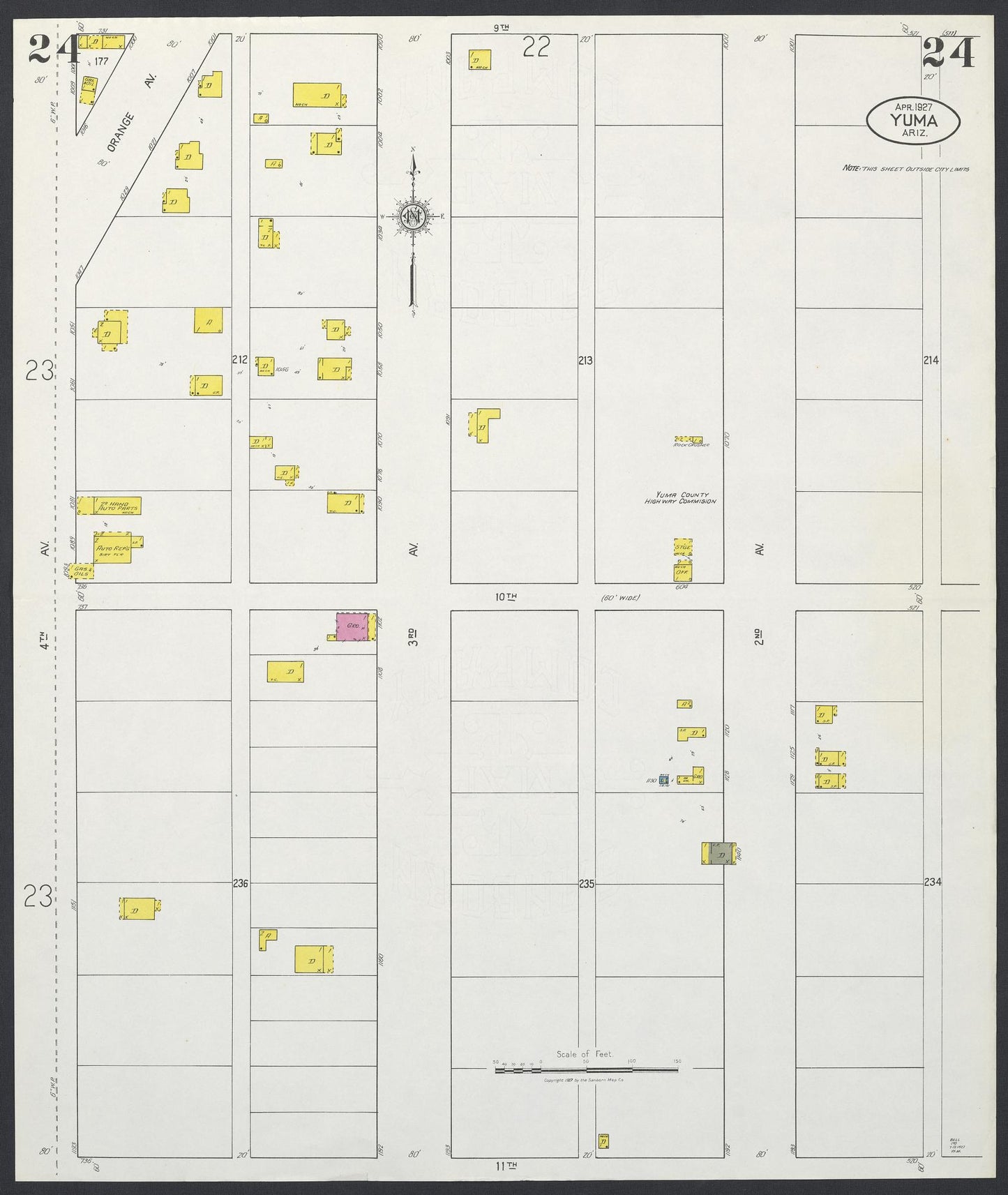 Sanborn Fire Insurance Map from Yuma, Yuma County, Arizona (1927), Sheet #0024 - Complete Map Set gallery image, historic Sanborn map, vintage wall art, Arizona Arizona