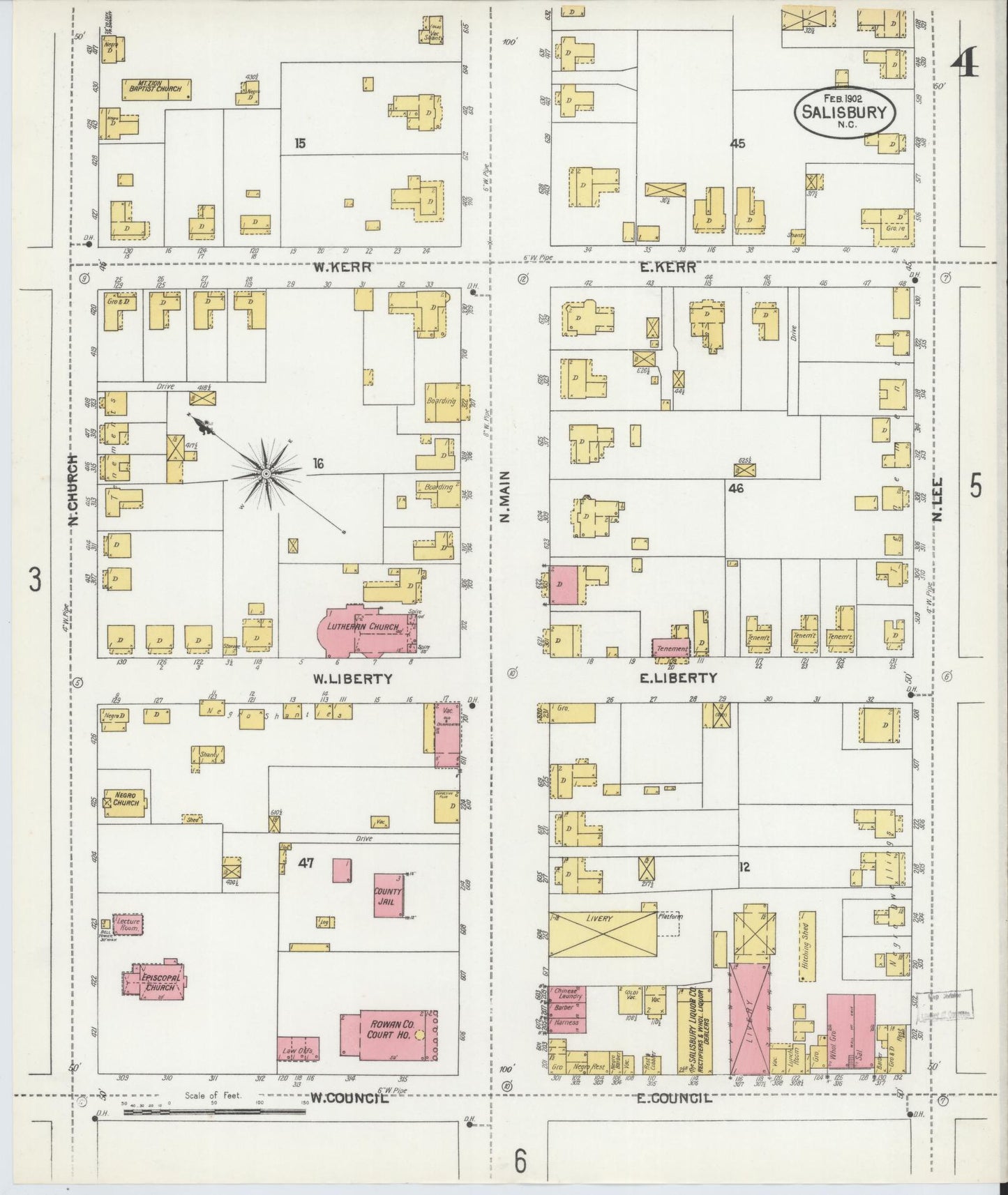 Sanborn Fire Insurance Map from Salisbury, Rowan County, North Carolina (1902), Sheet #0004 - Historic Sanborn Fire Insurance Map Print, vintage old map wall art, antique decor, genealogy gift, North Carolina North Carolina map