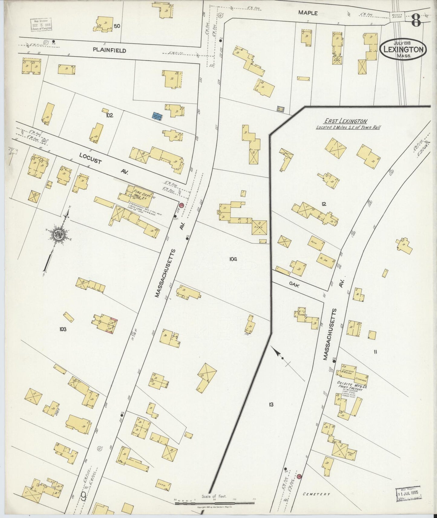 Sanborn Fire Insurance Map from Lexington, Middlesex County, Massachusetts (1918), Sheet #0008 - Historic Sanborn Fire Insurance Map Print, vintage old map wall art, antique decor, genealogy gift, Massachusetts Massachusetts map