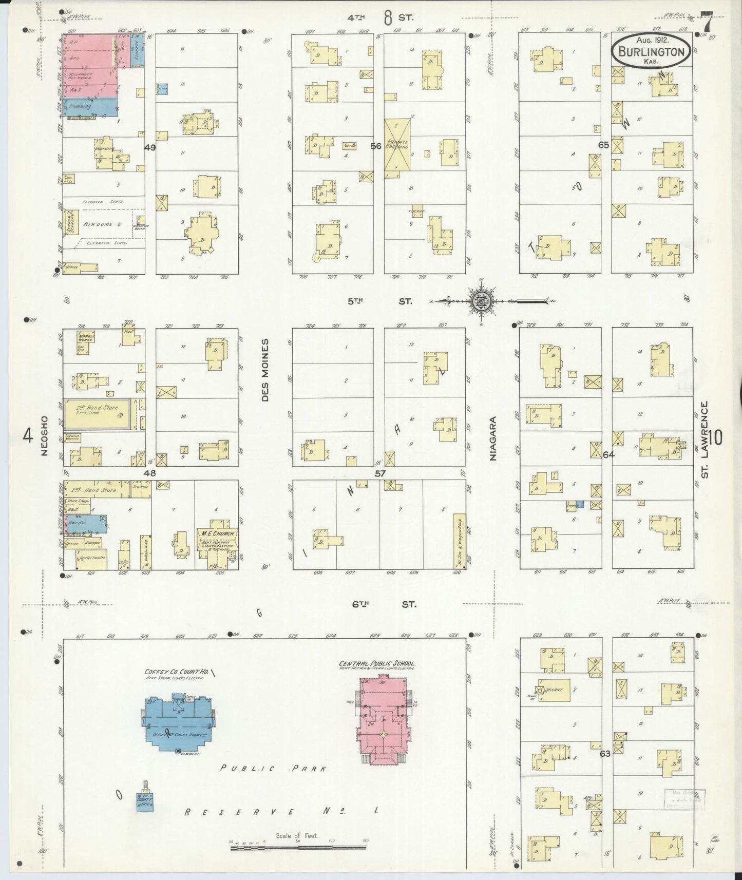 Sanborn Fire Insurance Map from Burlington, Coffey County, Kansas (1912), Sheet #0007 - Historic Sanborn Fire Insurance Map Print, vintage old map wall art, antique decor, genealogy gift, Kansas Kansas map