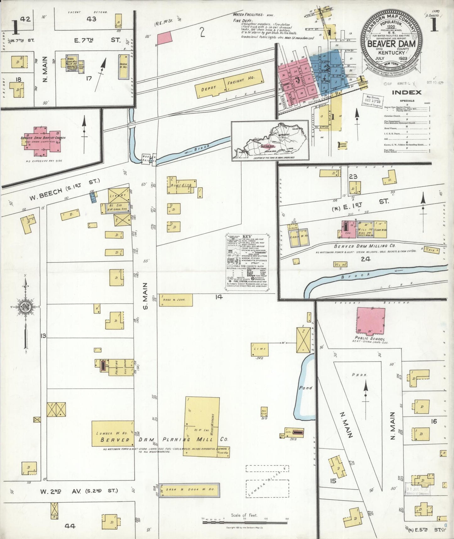 Sanborn Fire Insurance Map from Beaver Dam, Ohio County, Kentucky (1923), Sheet #0001 - Historic Sanborn Fire Insurance Map Print, vintage old map wall art, antique decor, genealogy gift, Kentucky Kentucky map