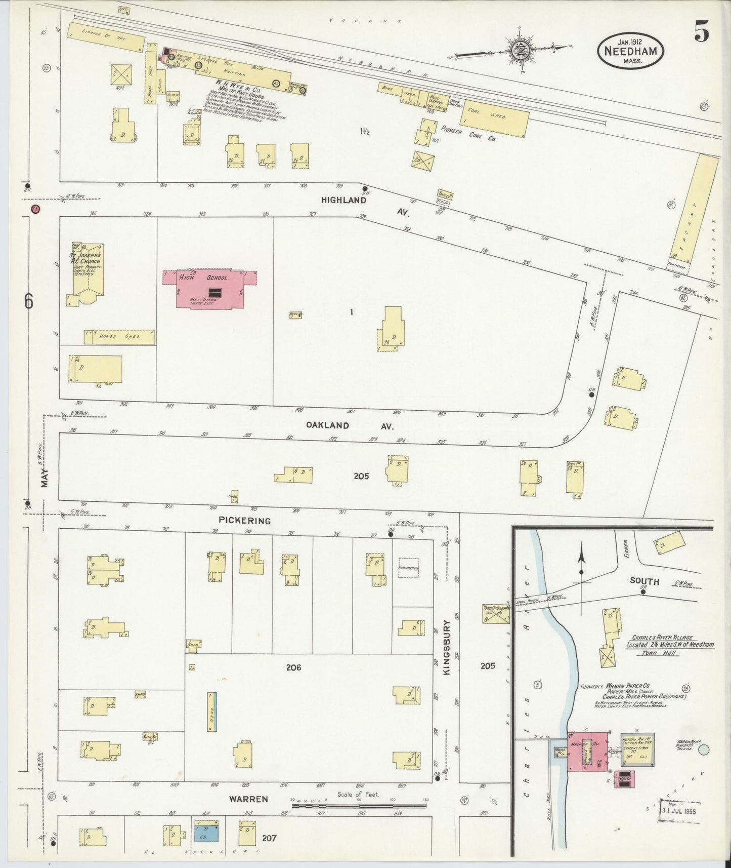 Sanborn Fire Insurance Map from Needham, Norfolk County, Massachusetts (1912), Sheet #0005 - Historic Sanborn Fire Insurance Map Print, vintage old map wall art, antique decor, genealogy gift, Massachusetts Massachusetts map
