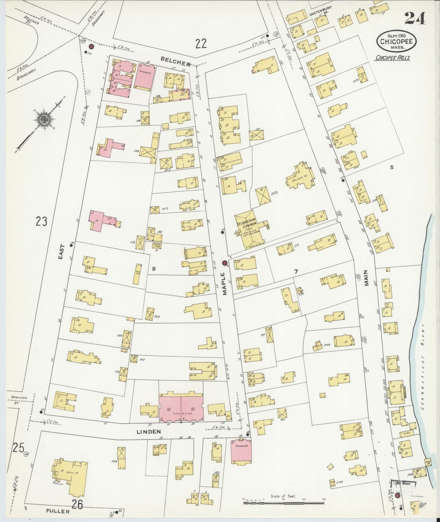 Sanborn Fire Insurance Map from Chicopee, Hampden County, Massachusetts (1910), Sheet #0024 - Historic Sanborn Fire Insurance Map Print, vintage old map wall art, antique decor, genealogy gift, Massachusetts Massachusetts map