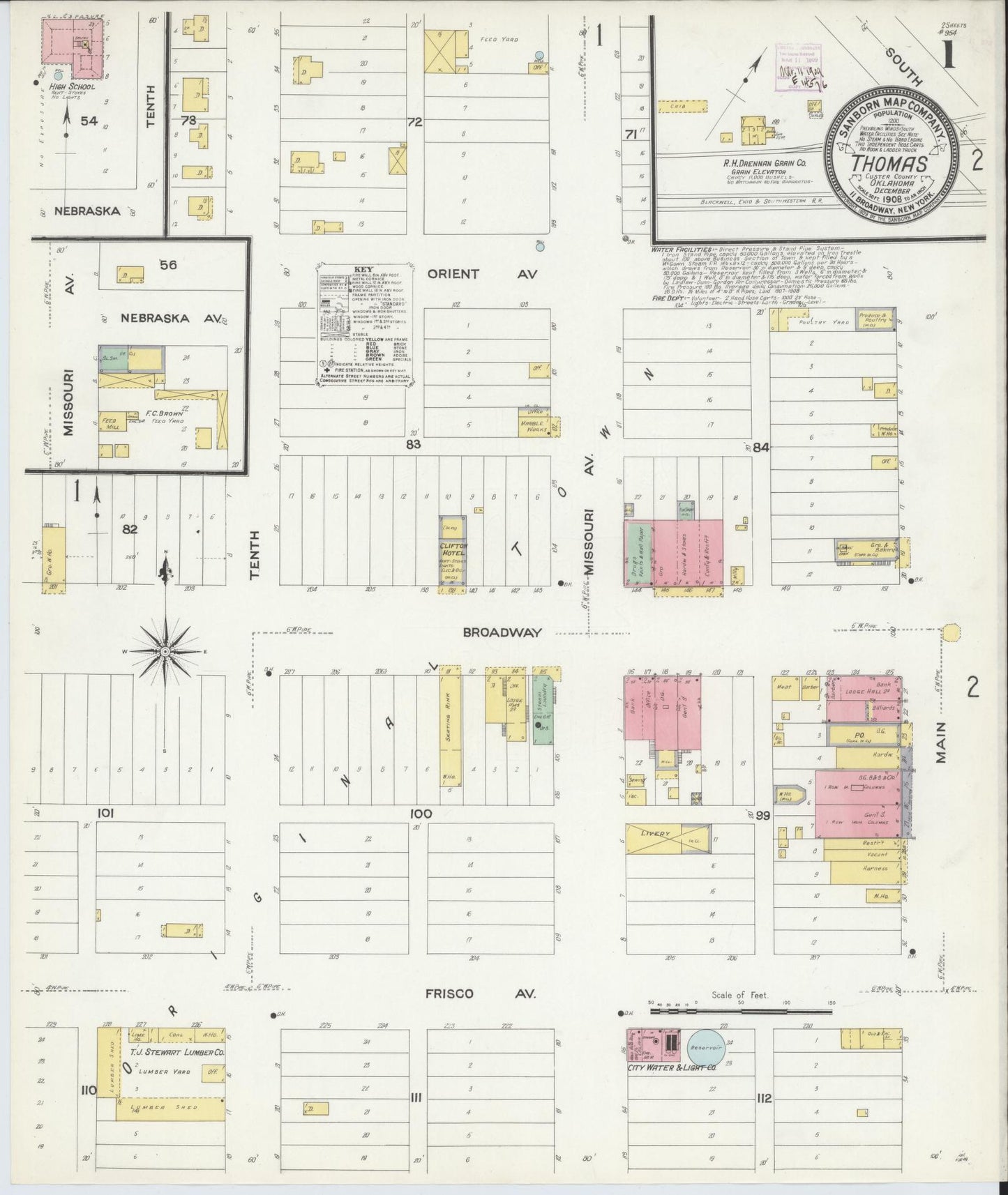 Sanborn Fire Insurance Map from Thomas, Custer County, Oklahoma (1908), Sheet #0001 - Historic Sanborn Fire Insurance Map Print, vintage old map wall art, antique decor, genealogy gift, Oklahoma Oklahoma map
